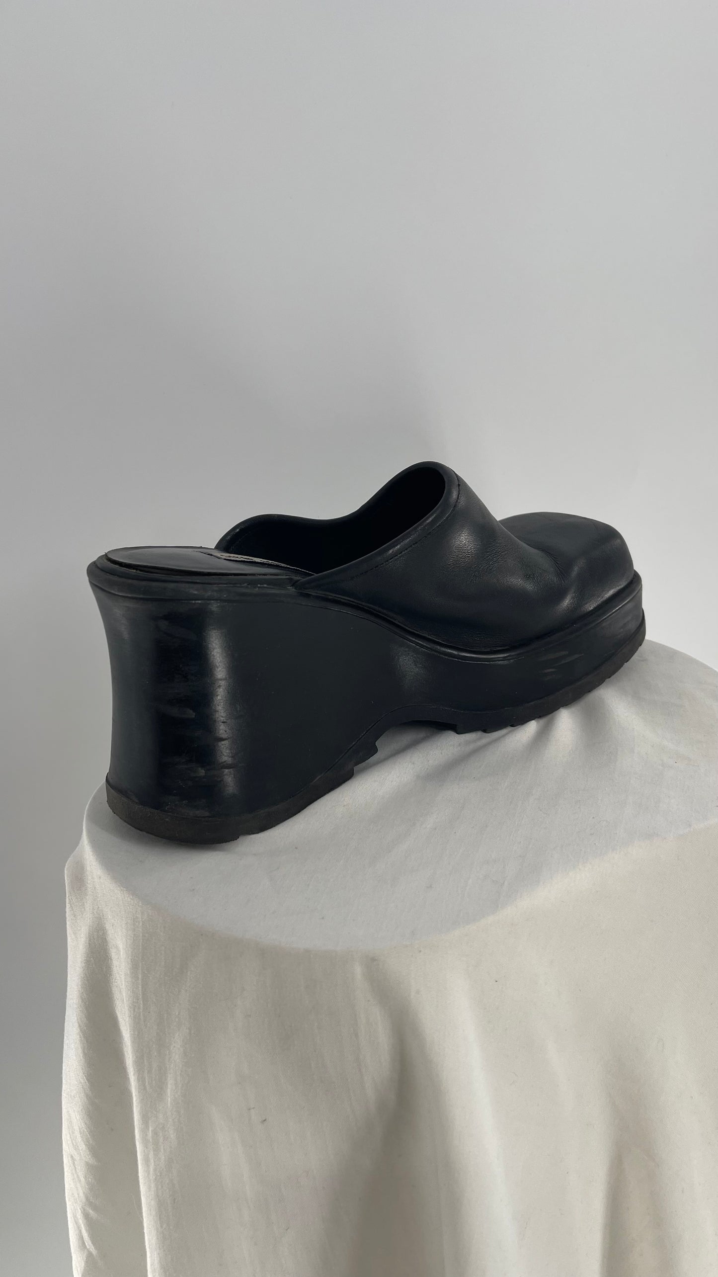 STEVE MADDEN Rare Black Leather Chunky Platform Wedge Clog (10)
