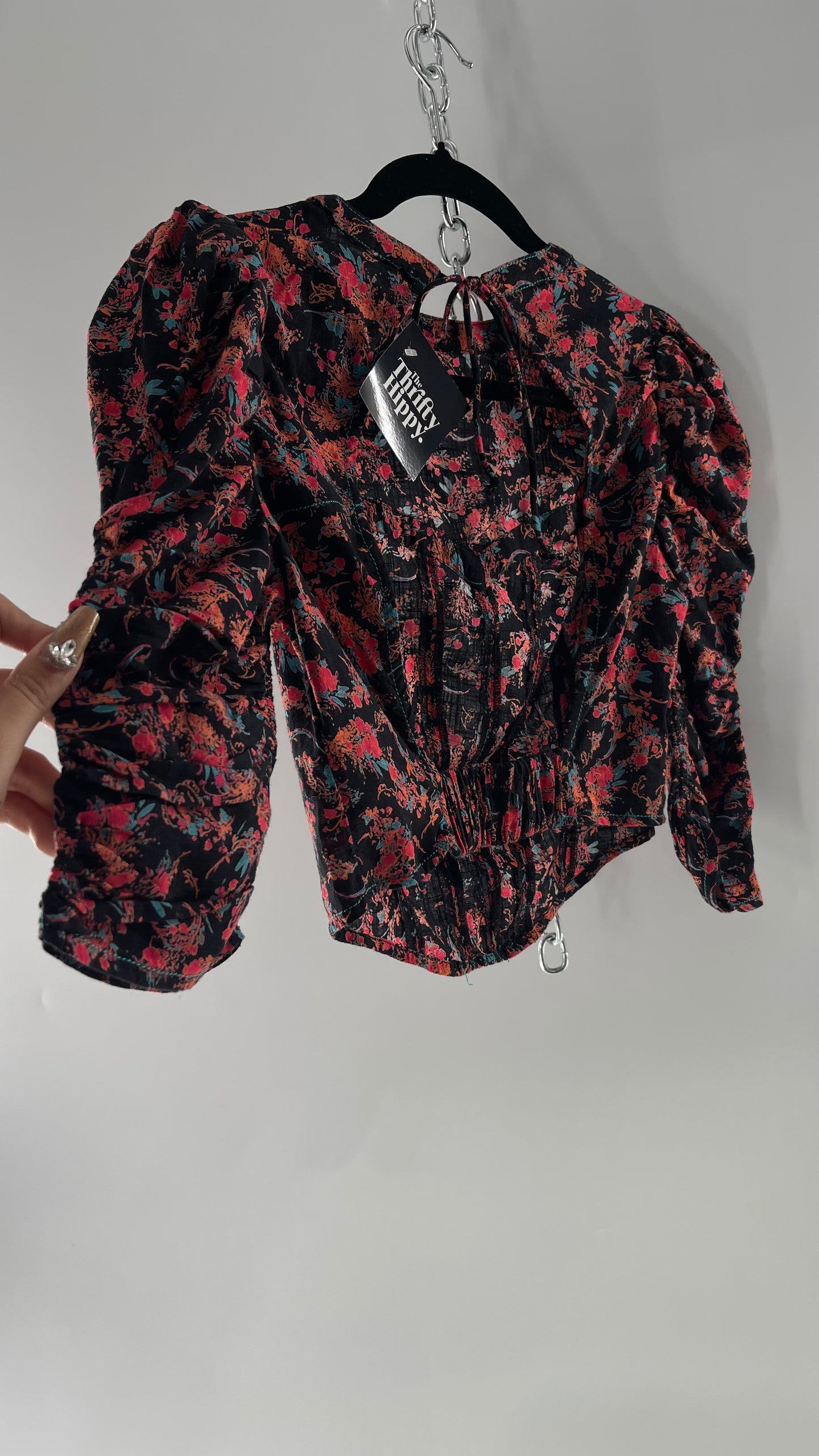Free People Black Corset-esque Crop Top with Open Back and Ruched Sleeves (XS)