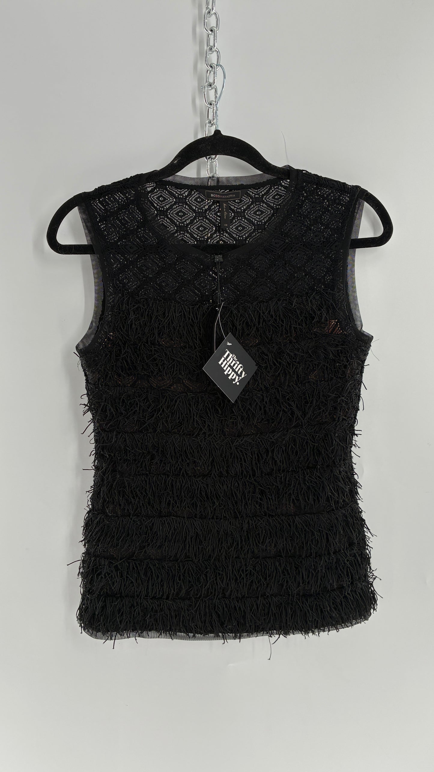 Deadstock Vintage BCBG MAXAZRIA Auden Black Fringe And Lace Top (XS)
