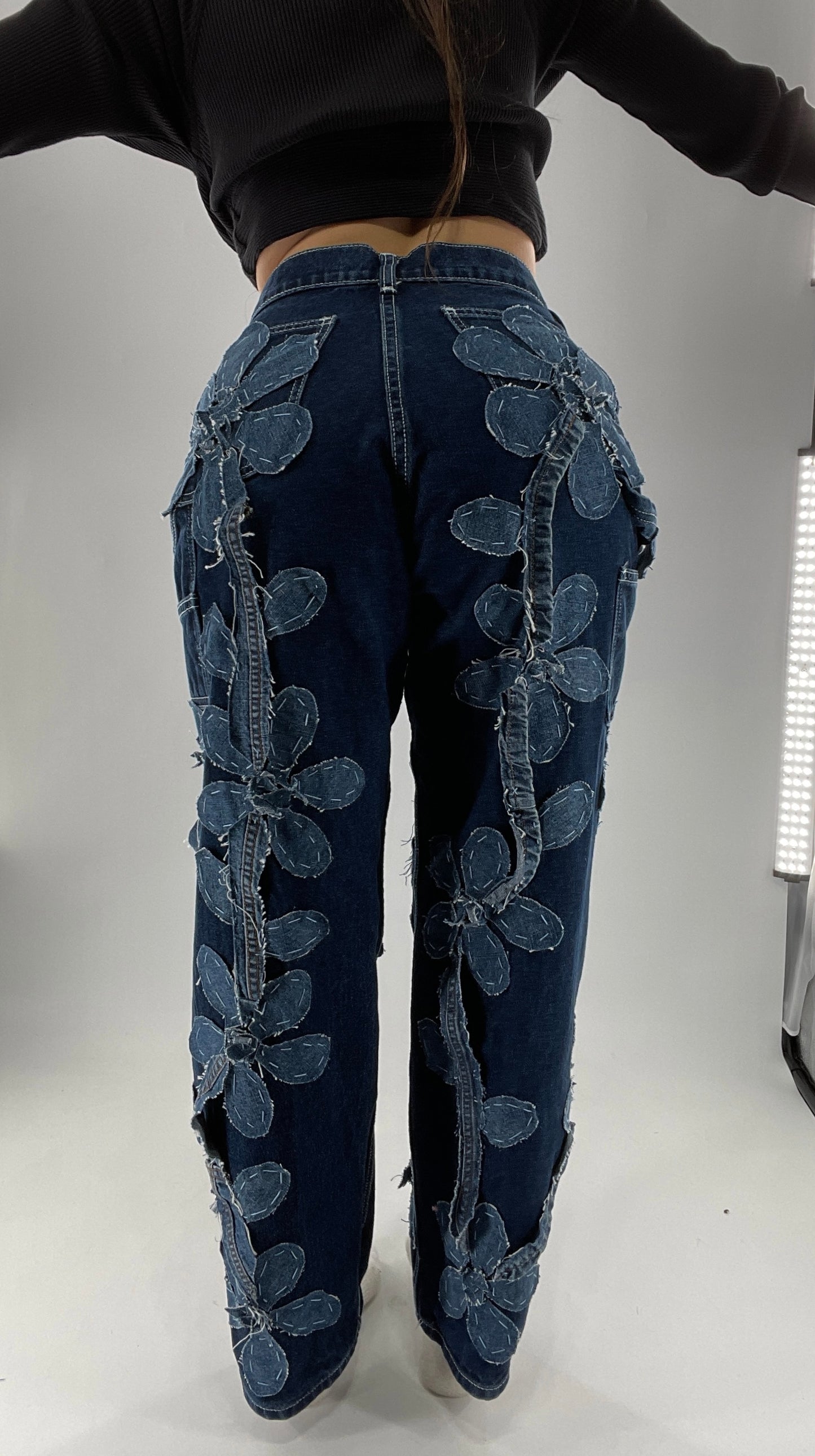 Handmade CUSTOM Dual Denim Tone Floral Vine Cargo Denims (S)