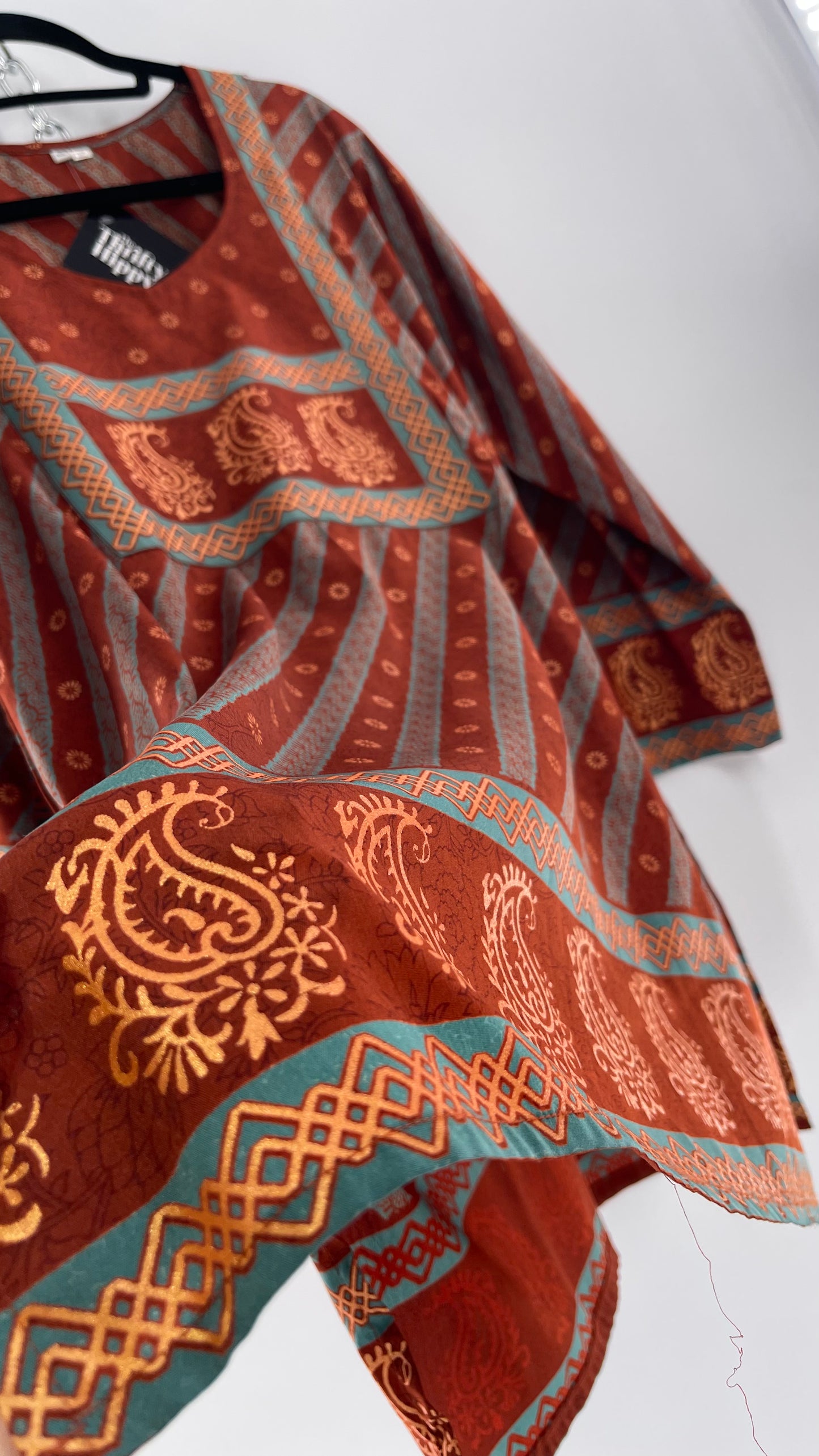 Vintage 1970s Indian 100% Silk Tunic Burnt Orange, Teal and Gold (40)