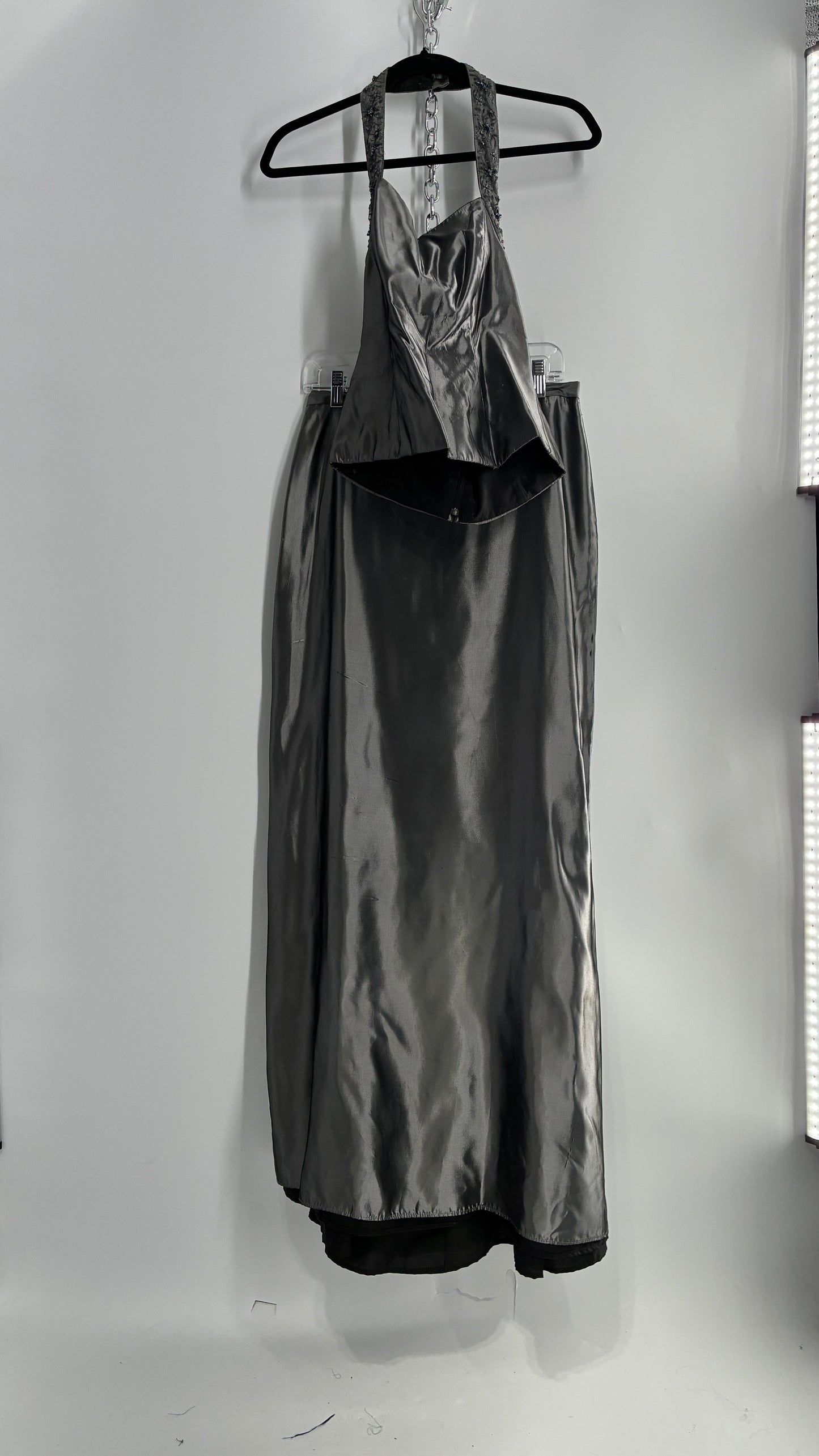 Vintage 1990s Davids Bridal SET Metallic Silver Corseted + Beaded Halter and Full Length Skirt (6Top, 8Skirt)