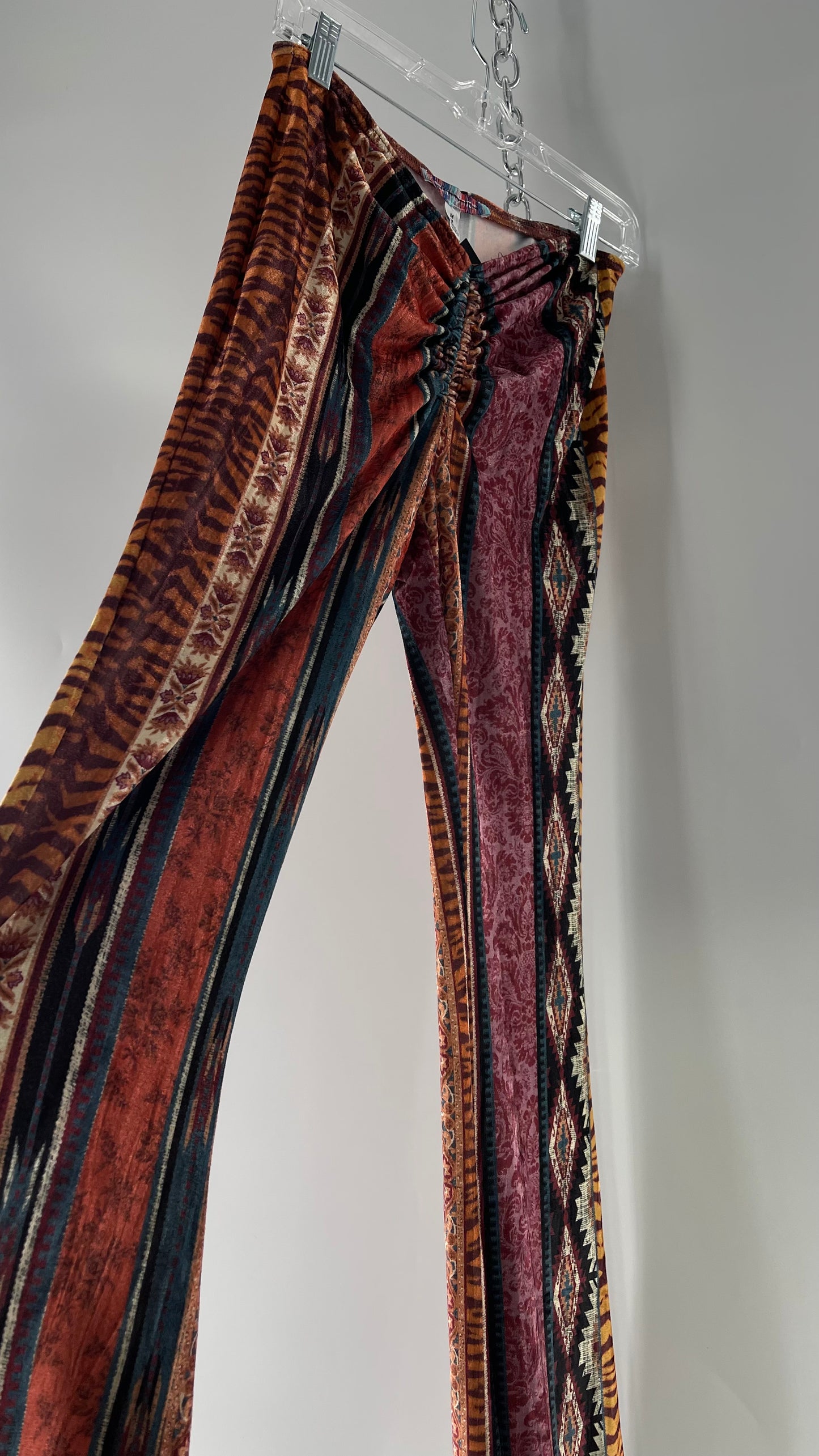 Urban Outfitters Velvet Scrunch Front Maroon Mixed Pattern Flared Bell Bottoms (Medium)