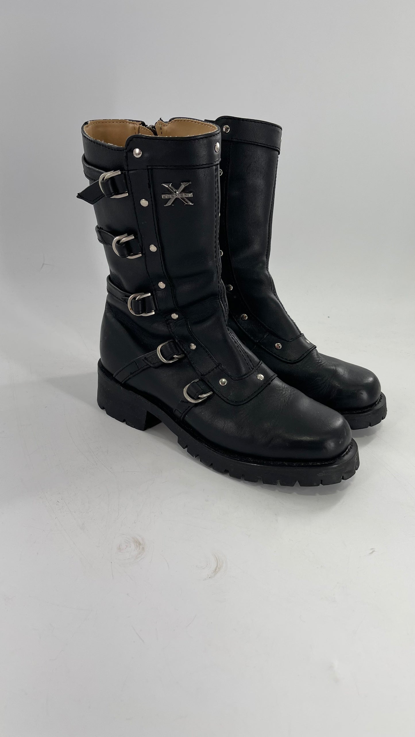 Vintage 1990s XELEMENT Buckle Side Genuine Leather Steam Punk Boots (Women’s 8.5)