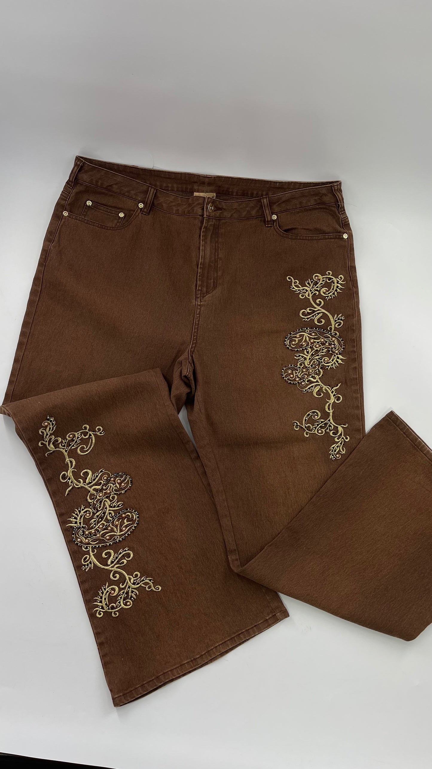 Vintage Midnight Velvet Embroidered + Beaded Brown Flares (18W)