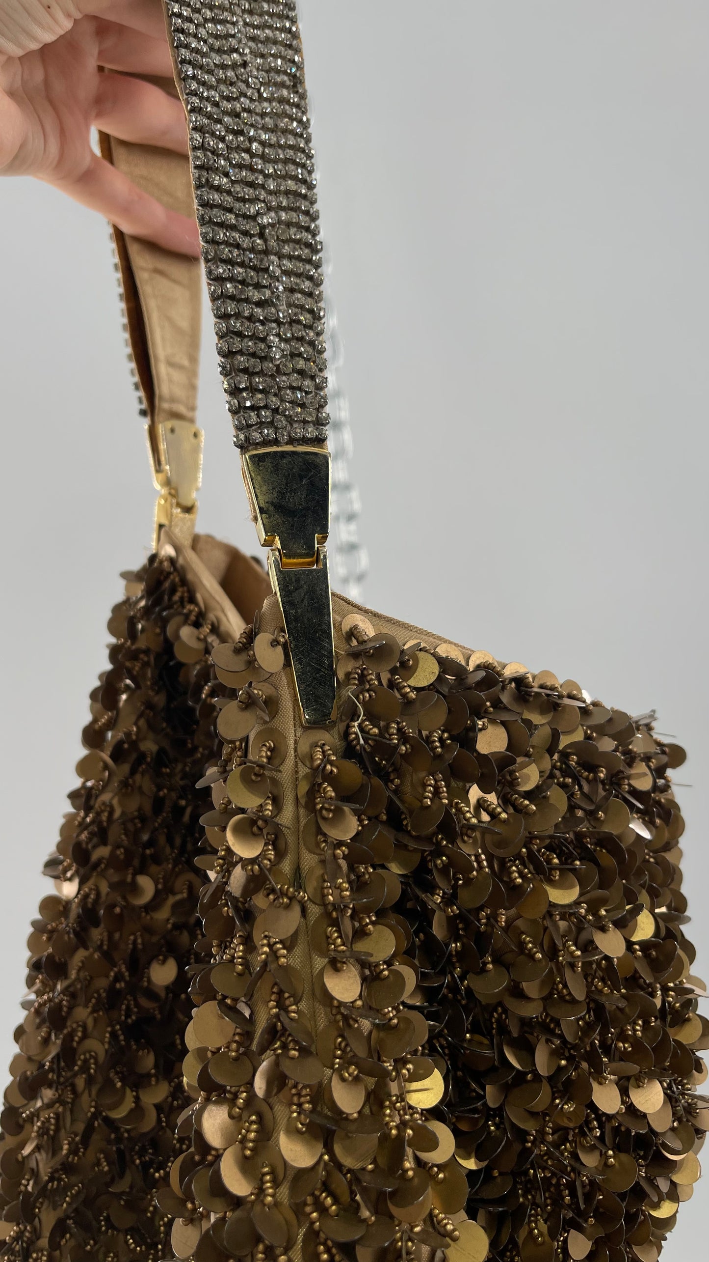 Deadstock The Find Marvelous Bronze Beaded Sequin Tote Bag with Gemstone Strap
