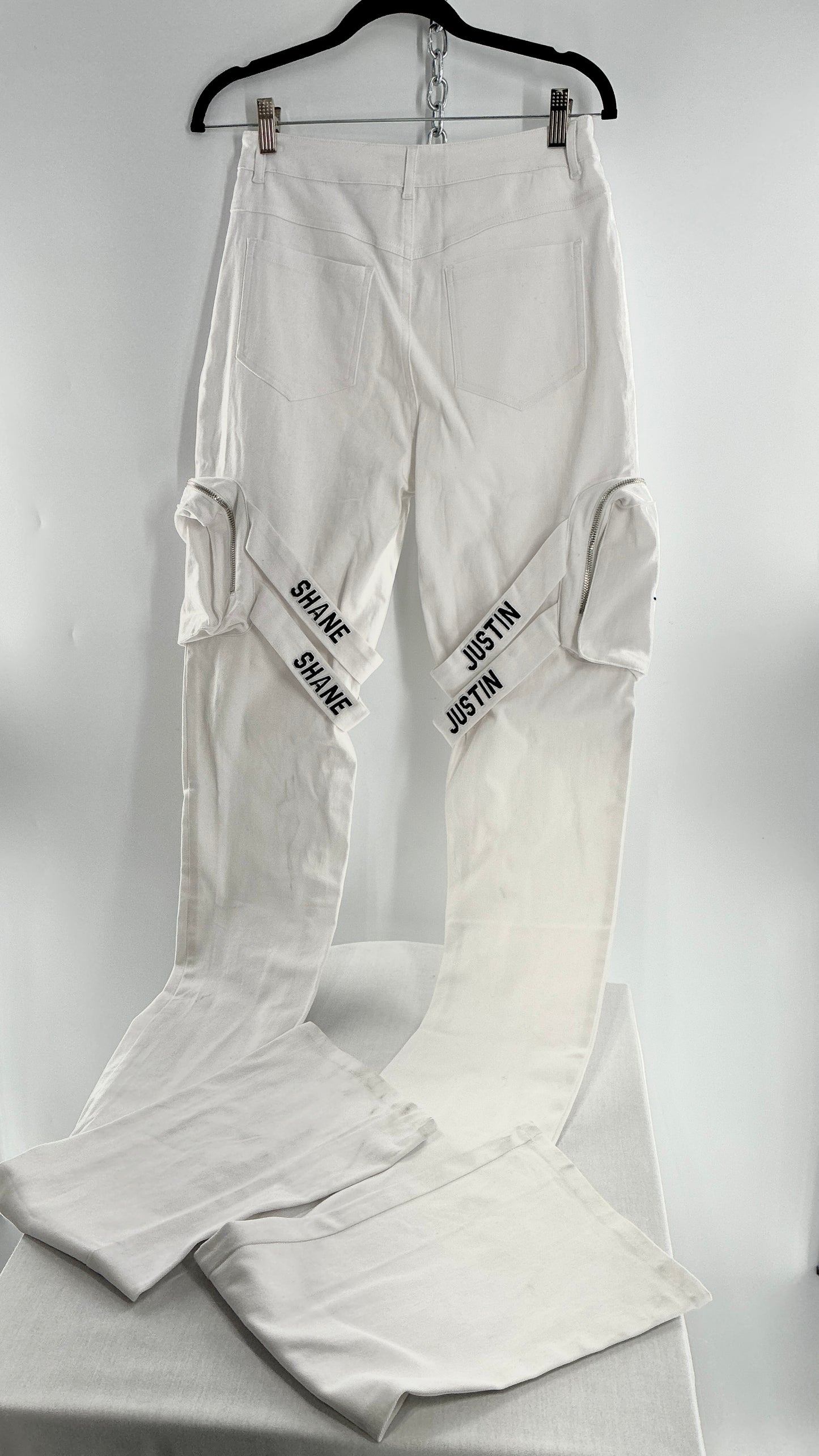 Designer SHANE JUSTIN White Stacked Extendo Cargo Pants with Embroidered Logo Pants and Tags Attached (Small)