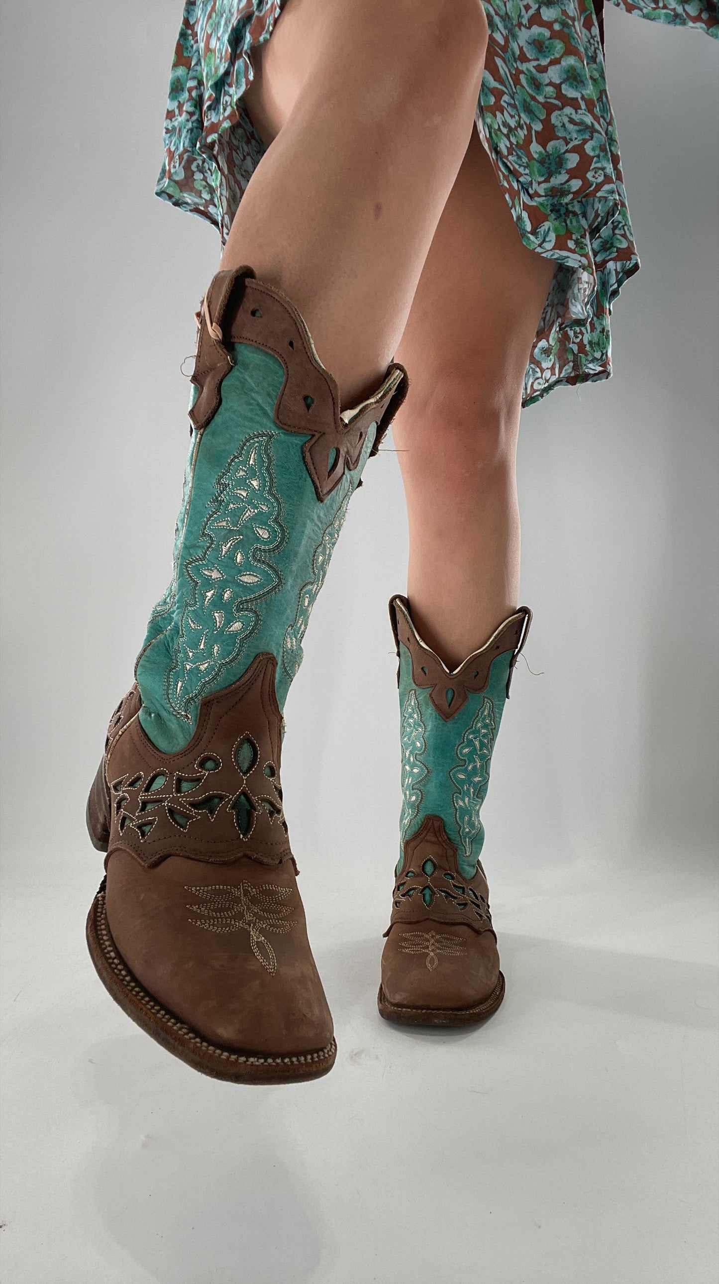 Porto Rebelde Turquoise Blue and Brown Leather Lazer Cut Embroidered Boots (6.5)