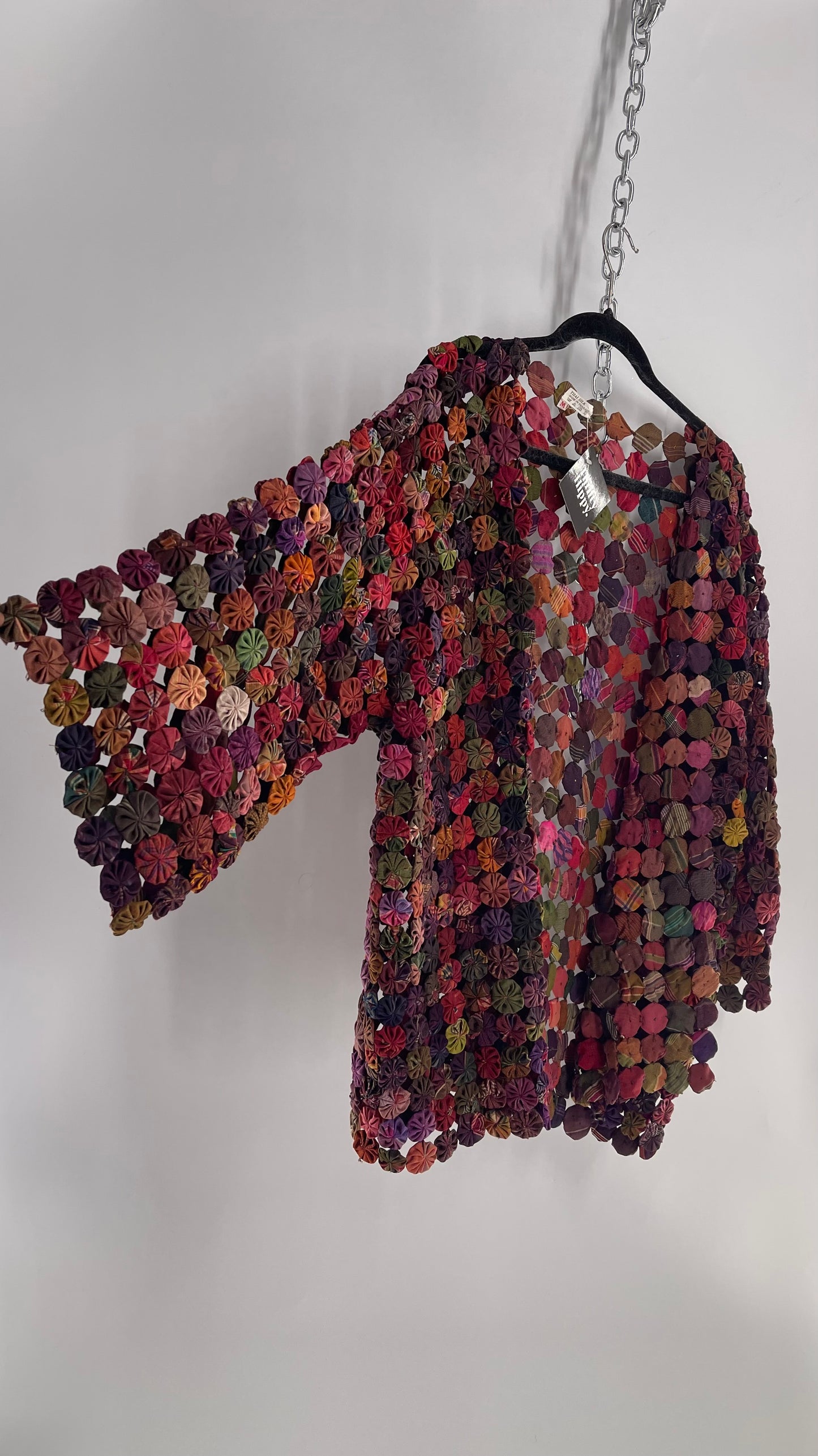 Vintage Handcrafted Multicolored Print Yo-Yo Quilt Kimono Sleeve Jacket, 1970s Thai 100% Silk