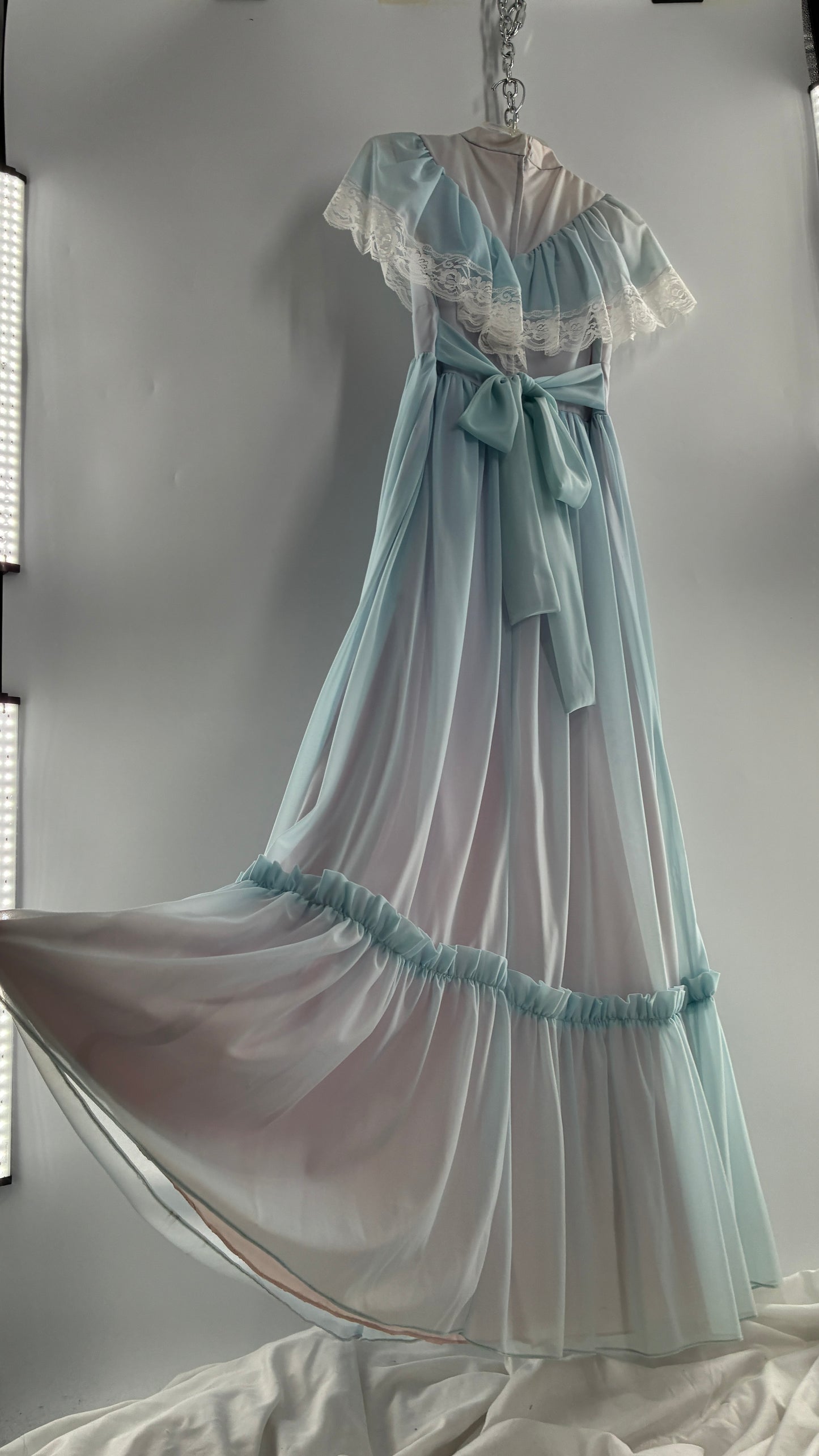Vintage Handmade 1960s Powder Blue Overlay, Lilac Underlay Gown, Prairie Wedding Dress