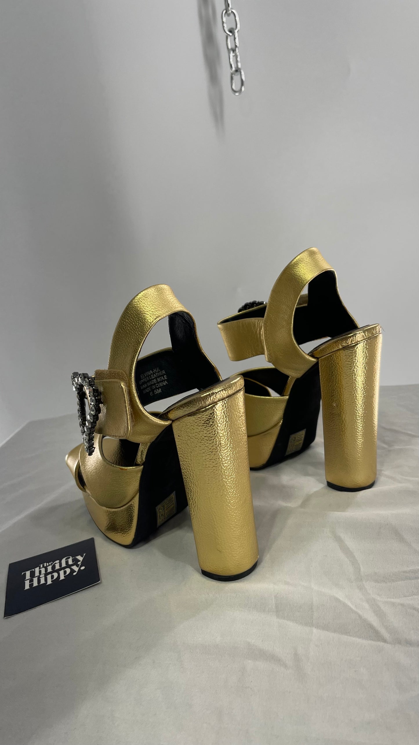 Jeffrey Campbell Metallic Gold Chunky Gold Platform Heel with Rhinestone Heart Buckles (6.5)