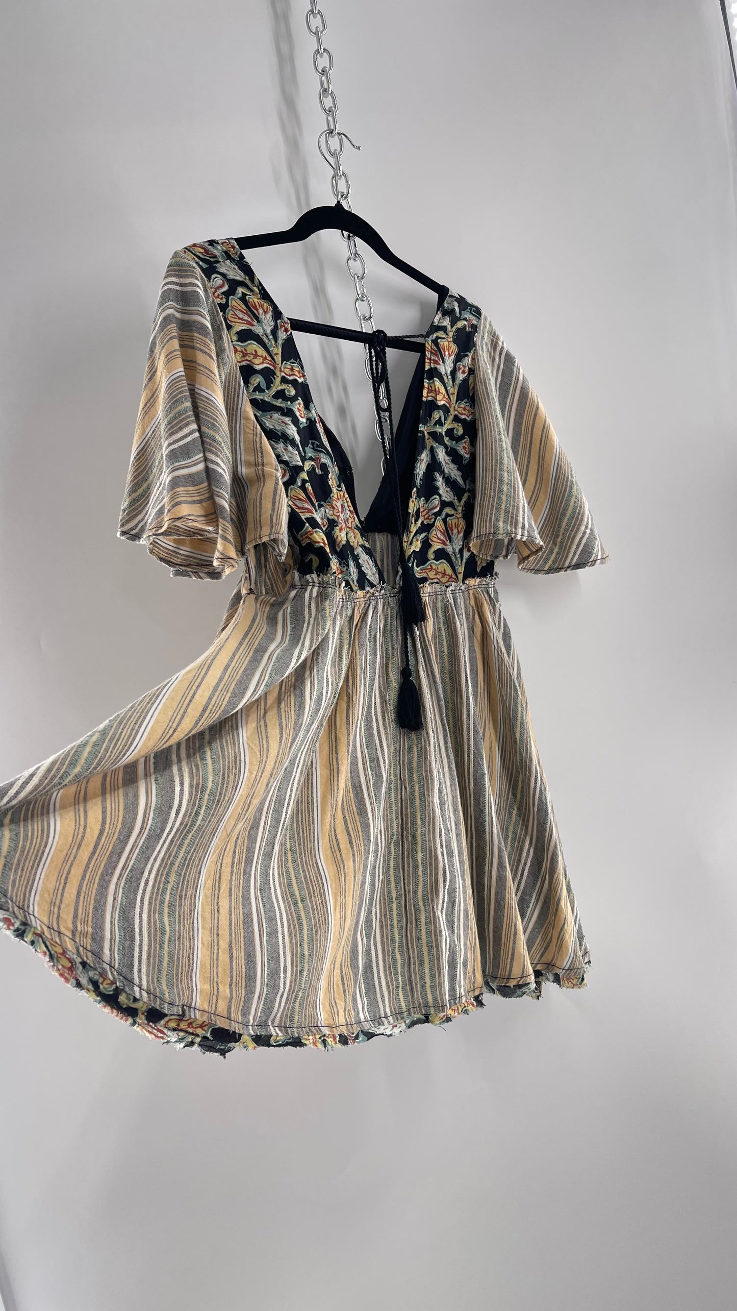 Free People Dual Fabric Floral/Woven Boho Babydoll Mini Dress (XS)