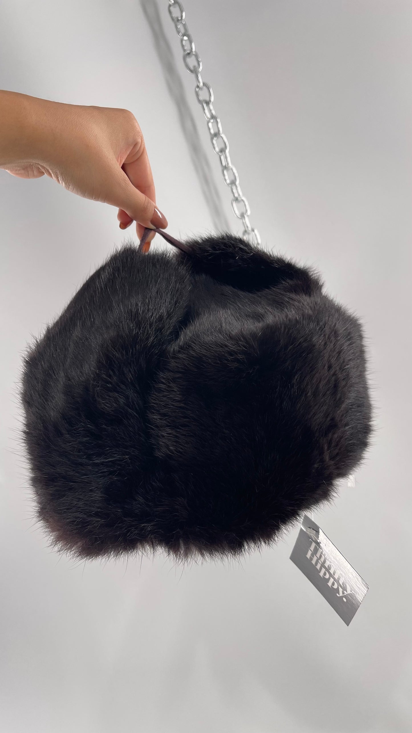 Vintage Russian Black Genuine Rabbit Fur Roller Hat with Pull Down Ear Muff Flaps