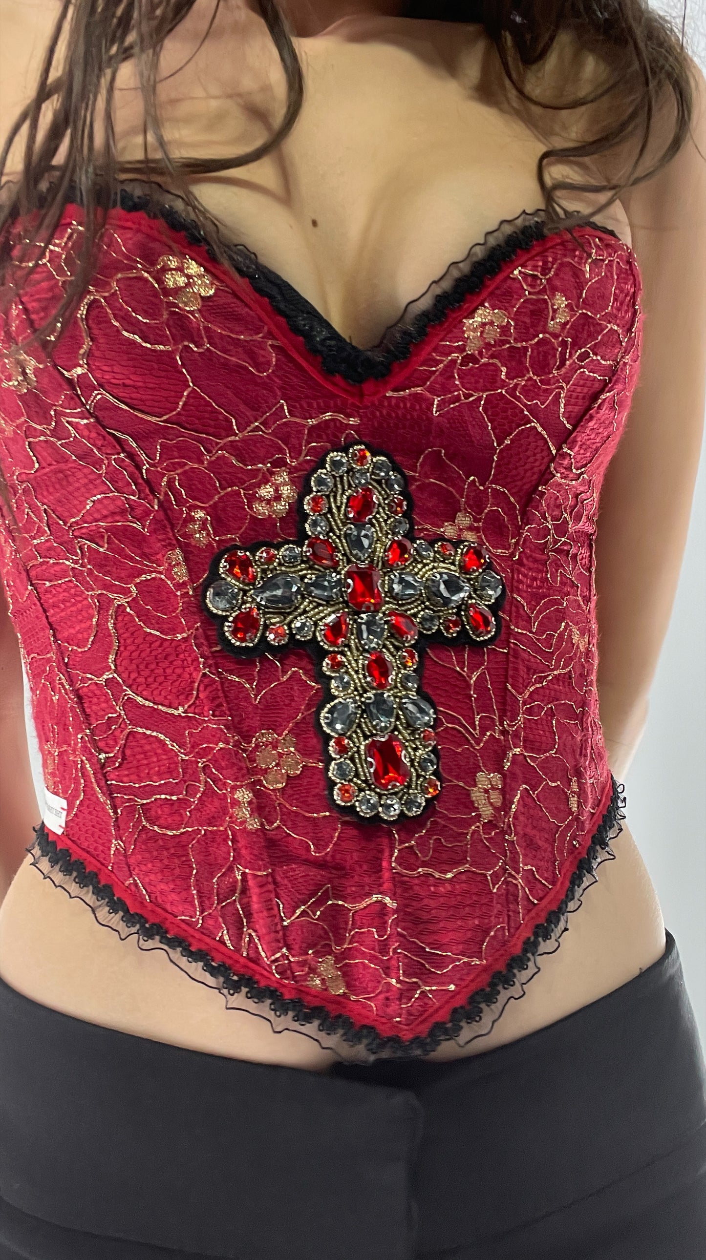 Custom Red Lace Corset with Beaded Cross Appliqué and Lace Trim (XS/S)