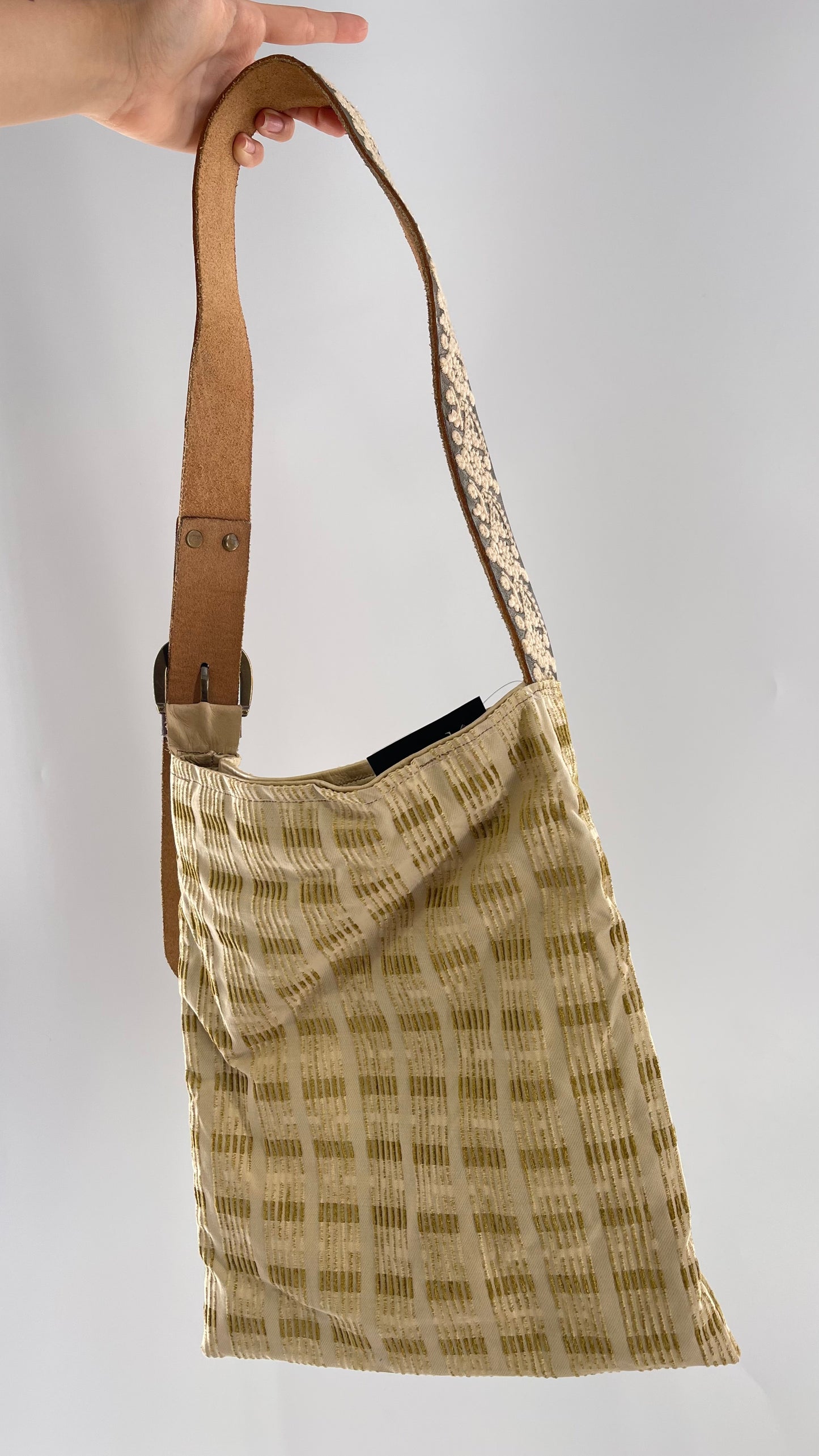 Tote with Embroidered Gold Exterior, Embroidered Leather Strap and Leather Interior - Shown Reversed
