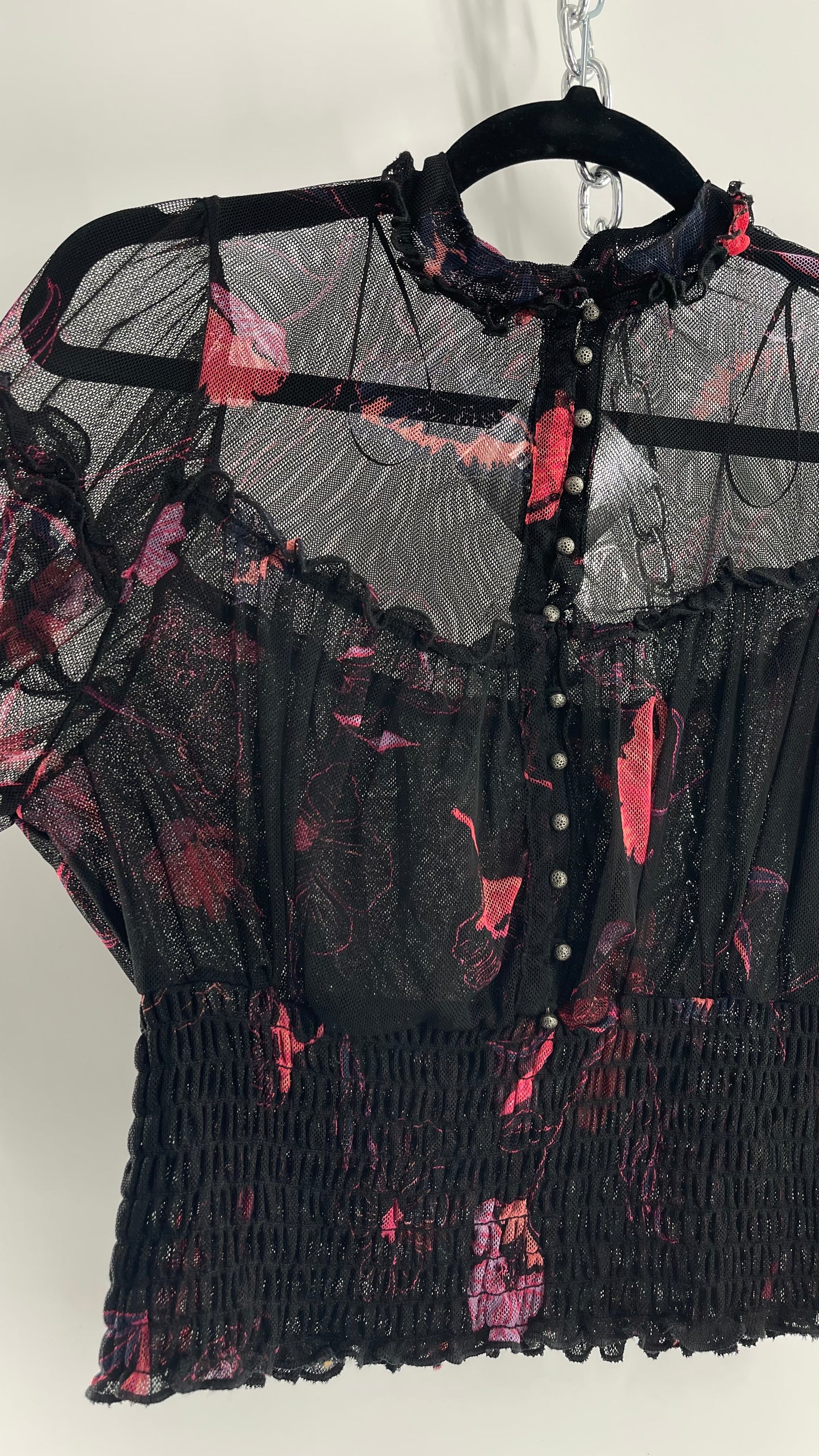 Free People Black Mesh Top with Smocked Waist, Buttoning and Contrasting Florals (Medium)