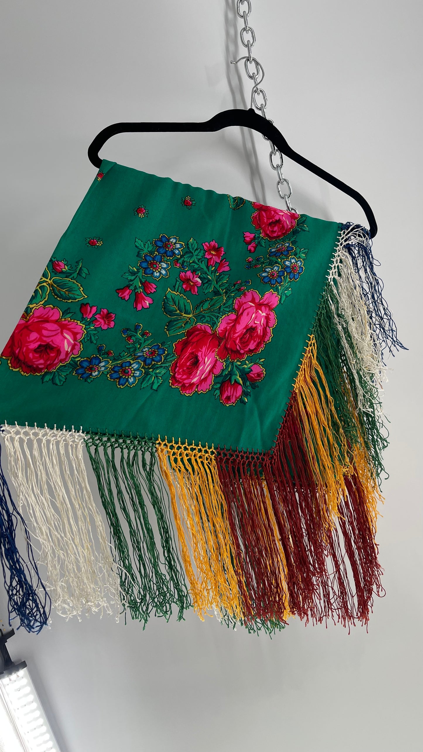 Vintage Shawl with Roses and Tassel Fringe