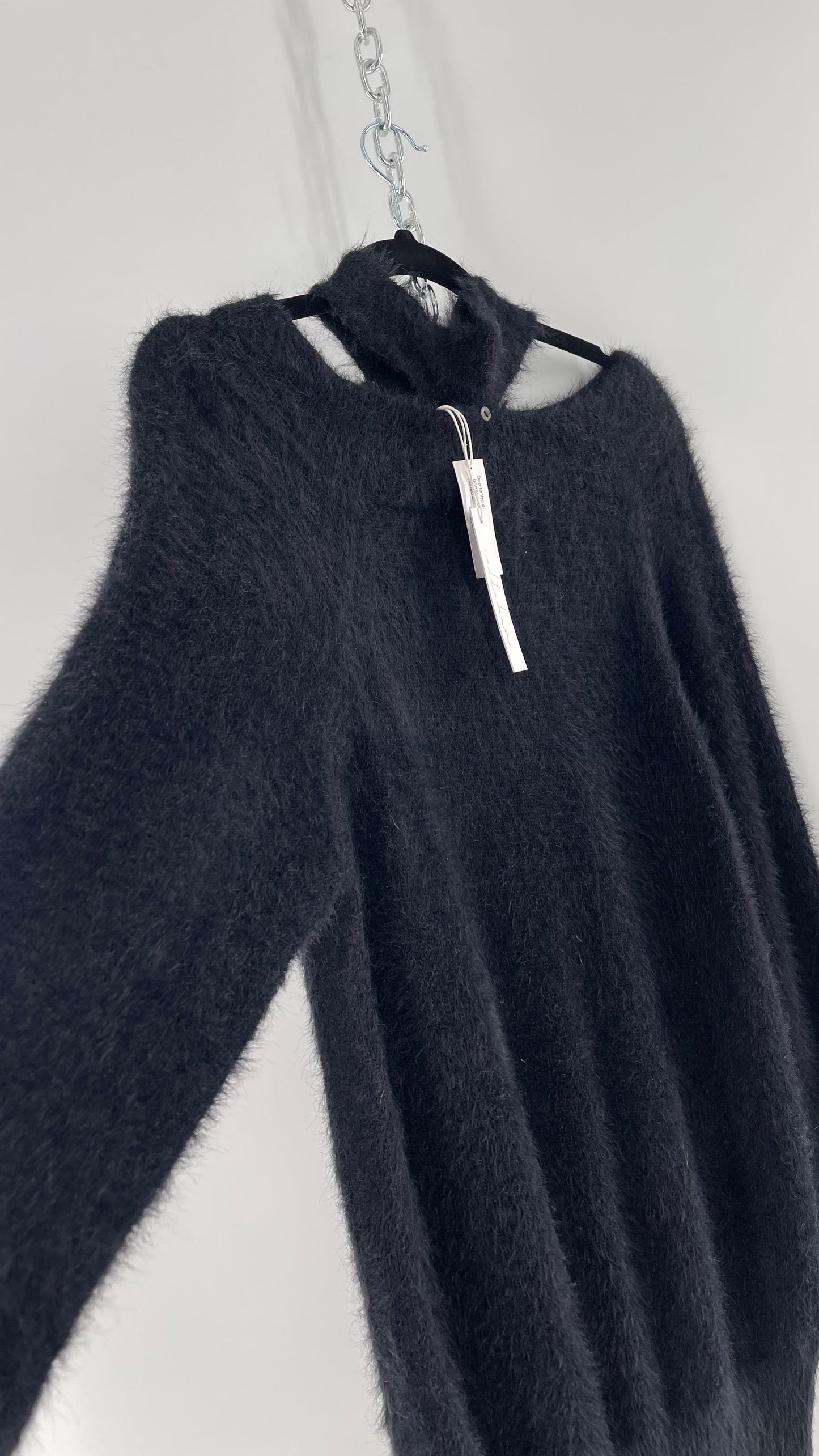 Callahan Black Fuzzy/Shaggy Slouchy Sweater with Choker Neckline Detail (Small)