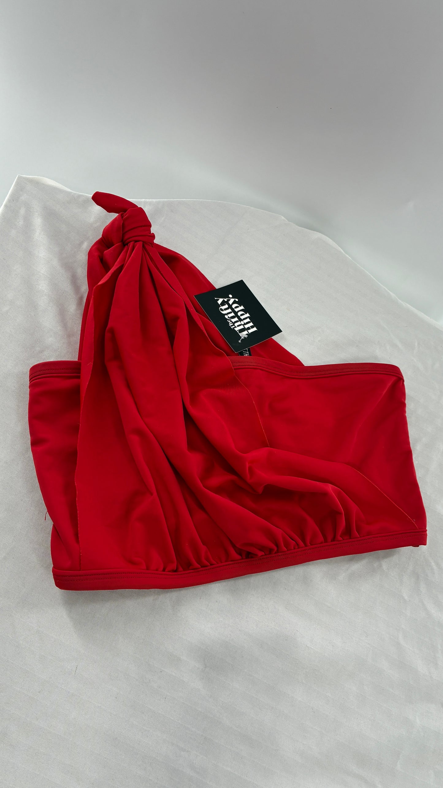 BETH RICHARDS KNOT Red Bandeau Tie Shoulder Swim/Bikini Top (Medium)