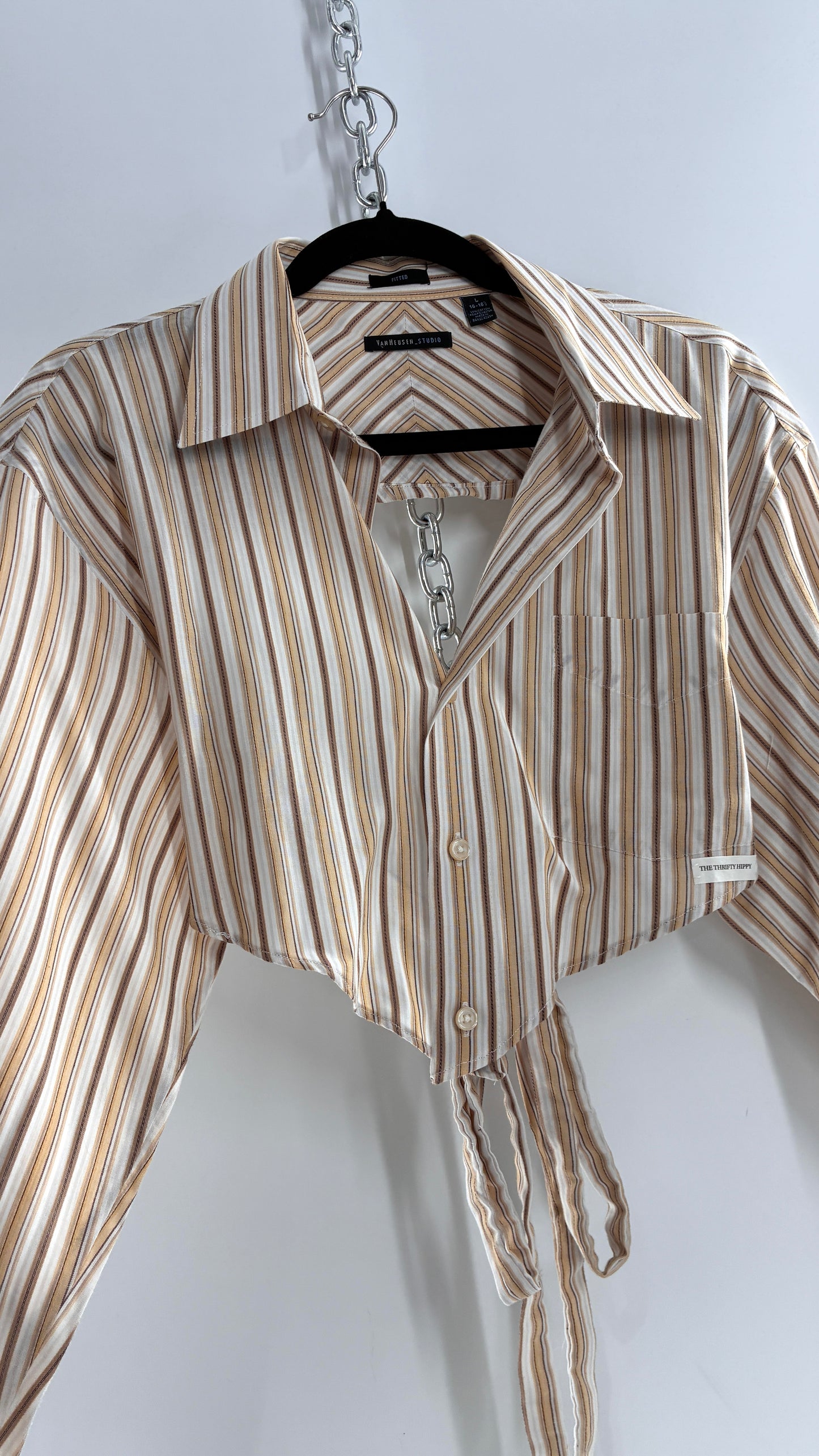 Vintage VAN HEUSEN Reworked Button Front Backless Mustard Yellow, Brown Striped Blouse (One Size)