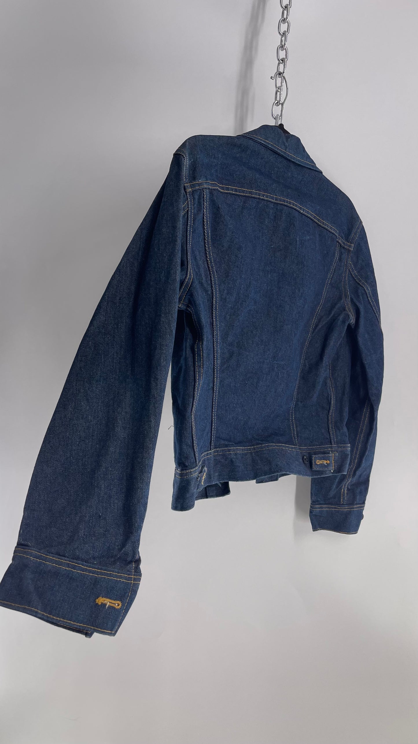 Vintage 1970s LEE Dark Wash PATD 153438 Denim Jacket with Contrast Stitching USA Union Made (38)