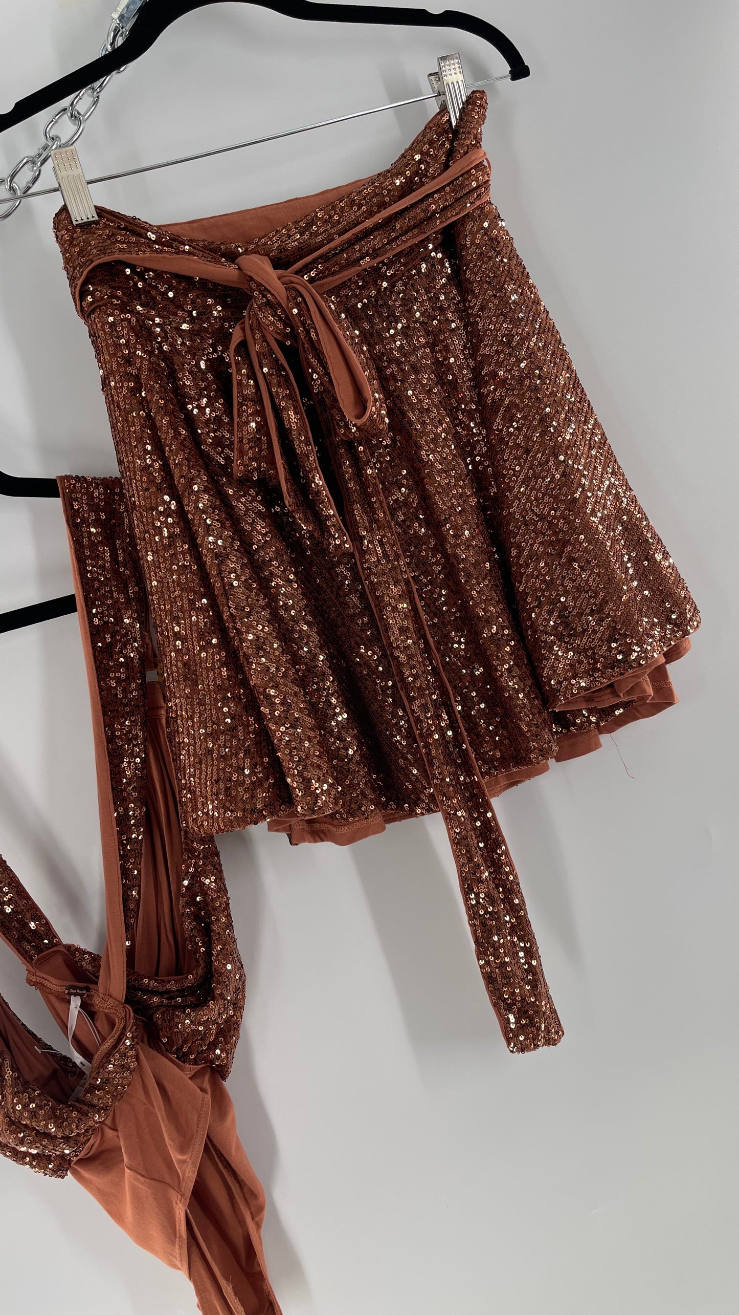 Free People Bronze Sequin 2Piece Set with Wrap Around Skirt and Bodysuit (XS body, S Skirt)