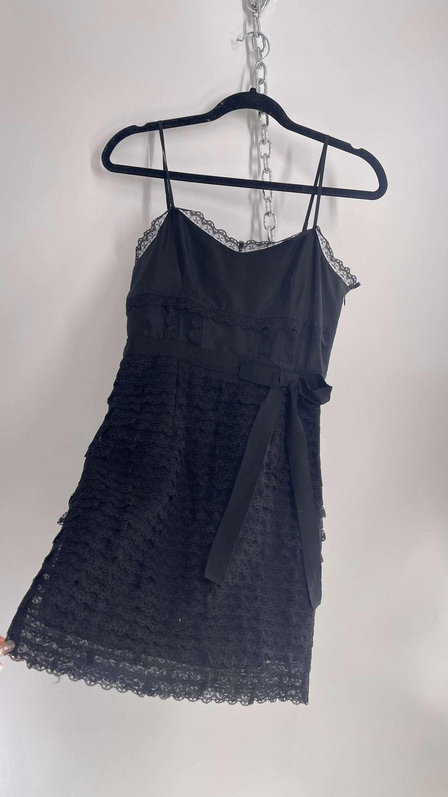 RED VALENTINO Black Corseted Style Ruffle Lace Hem Skirt Mini Dress