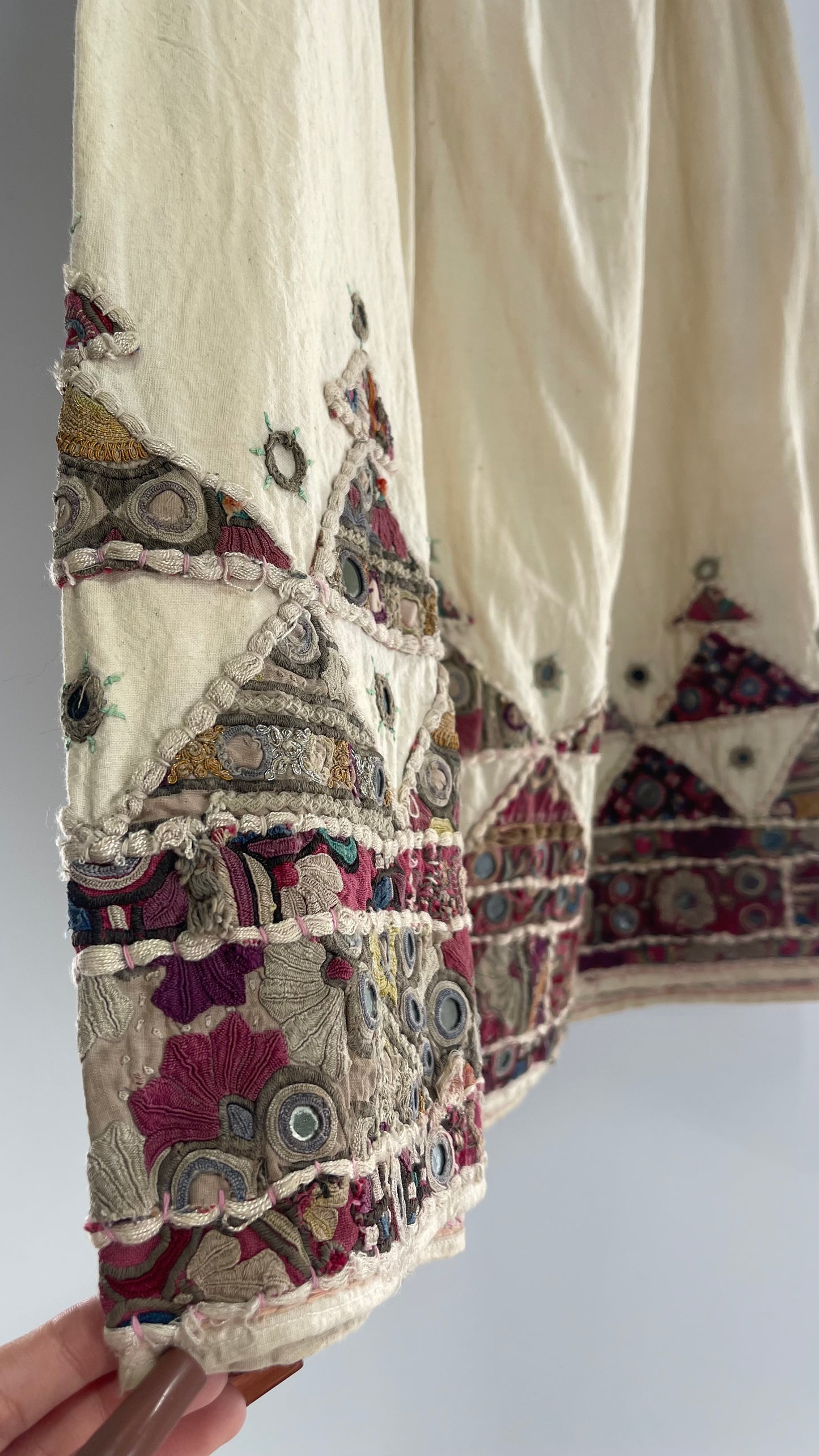 Vintage Imported Hand Stitched Skirt with Embroidered, Patchwork and Mirror Details (S/M Drawstring Waist)