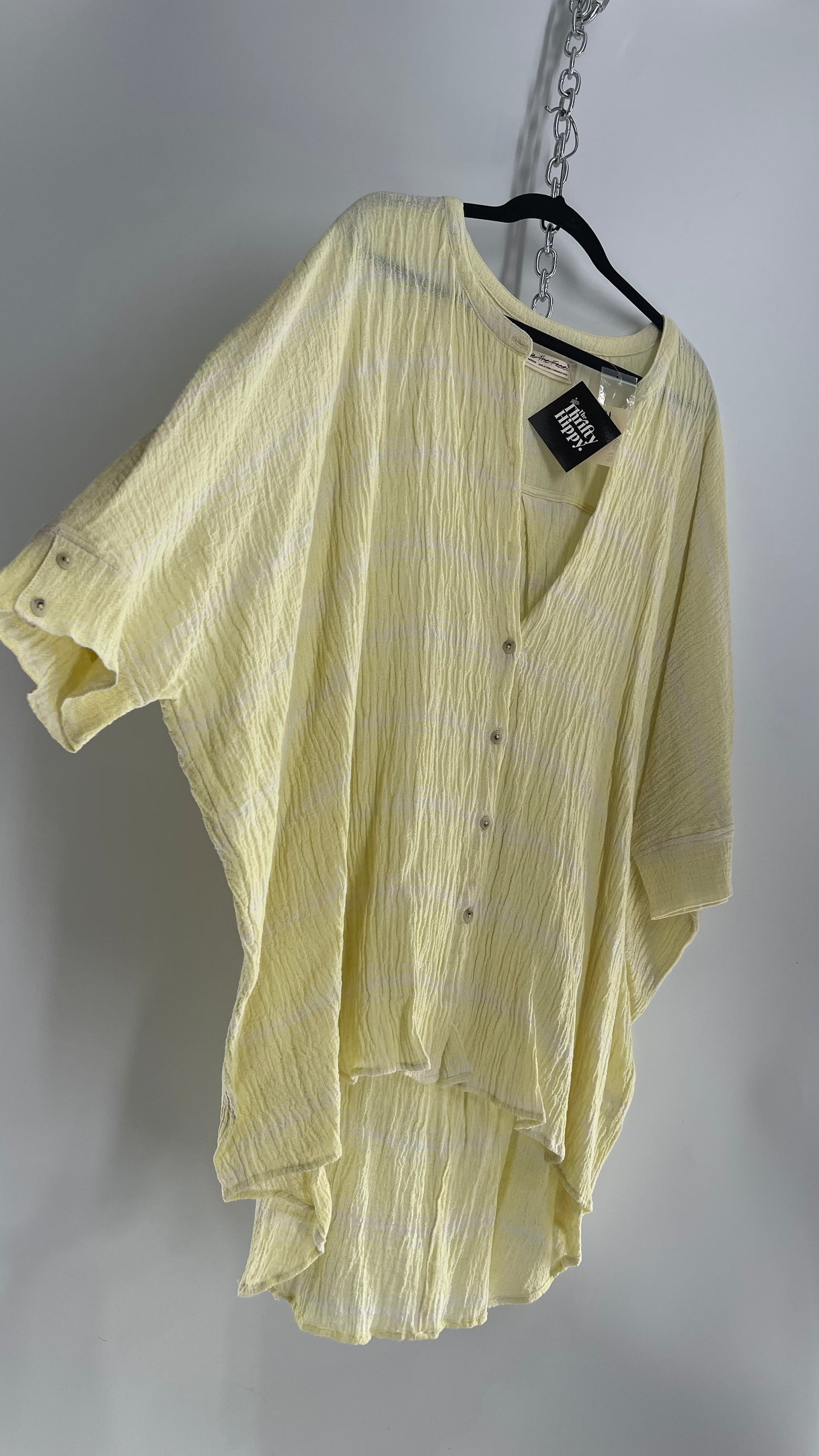 Free People Crimped Yellow Button Front Bohemian Surfer Dress with Button Bag (Medium)