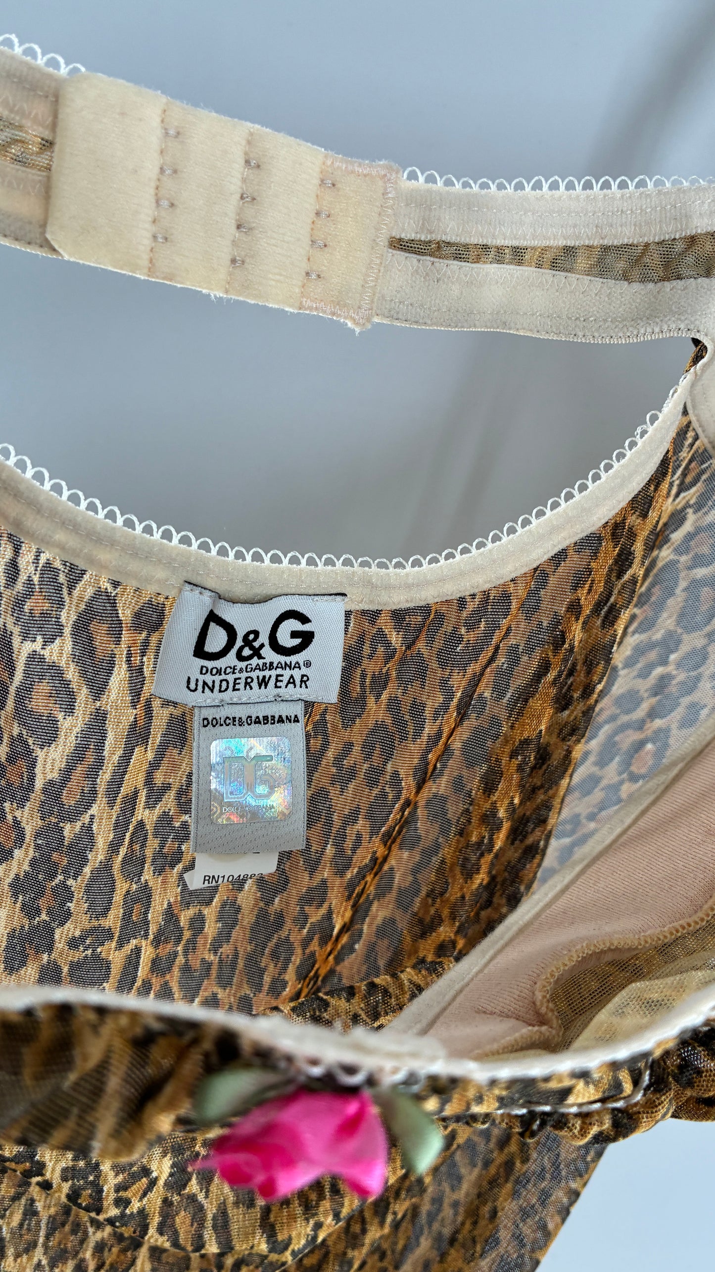 Vintage 1990s Dolce & Gabanna Cheetah Mesh Babydoll Camisole with Underwire Ruched Bust, Rosette and Branded Appliqué Tag (Large)