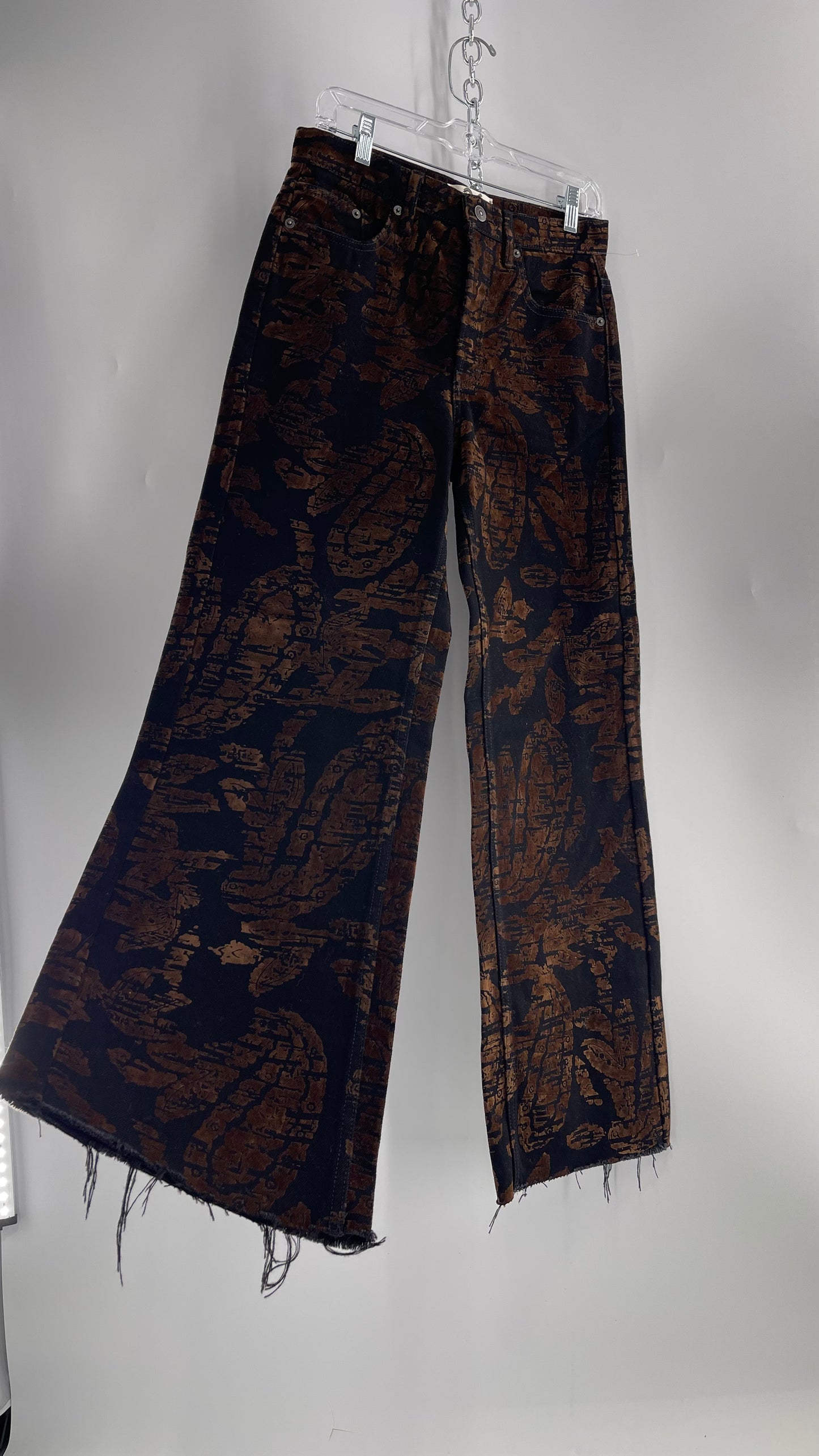 Free People Black/Brown Velvet Texture Graphic Straight Legs with Raw Edge Hem and Tags Attached (28)