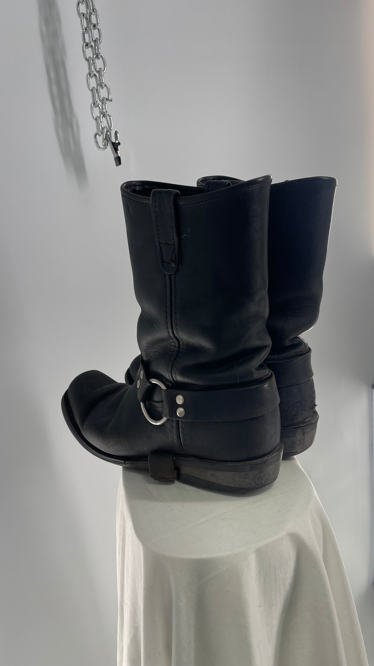 Vintage SIERRA Black Heavy Duty Sloppy Scuffed Distressed Leather Motorcycle Boots (10.5)
