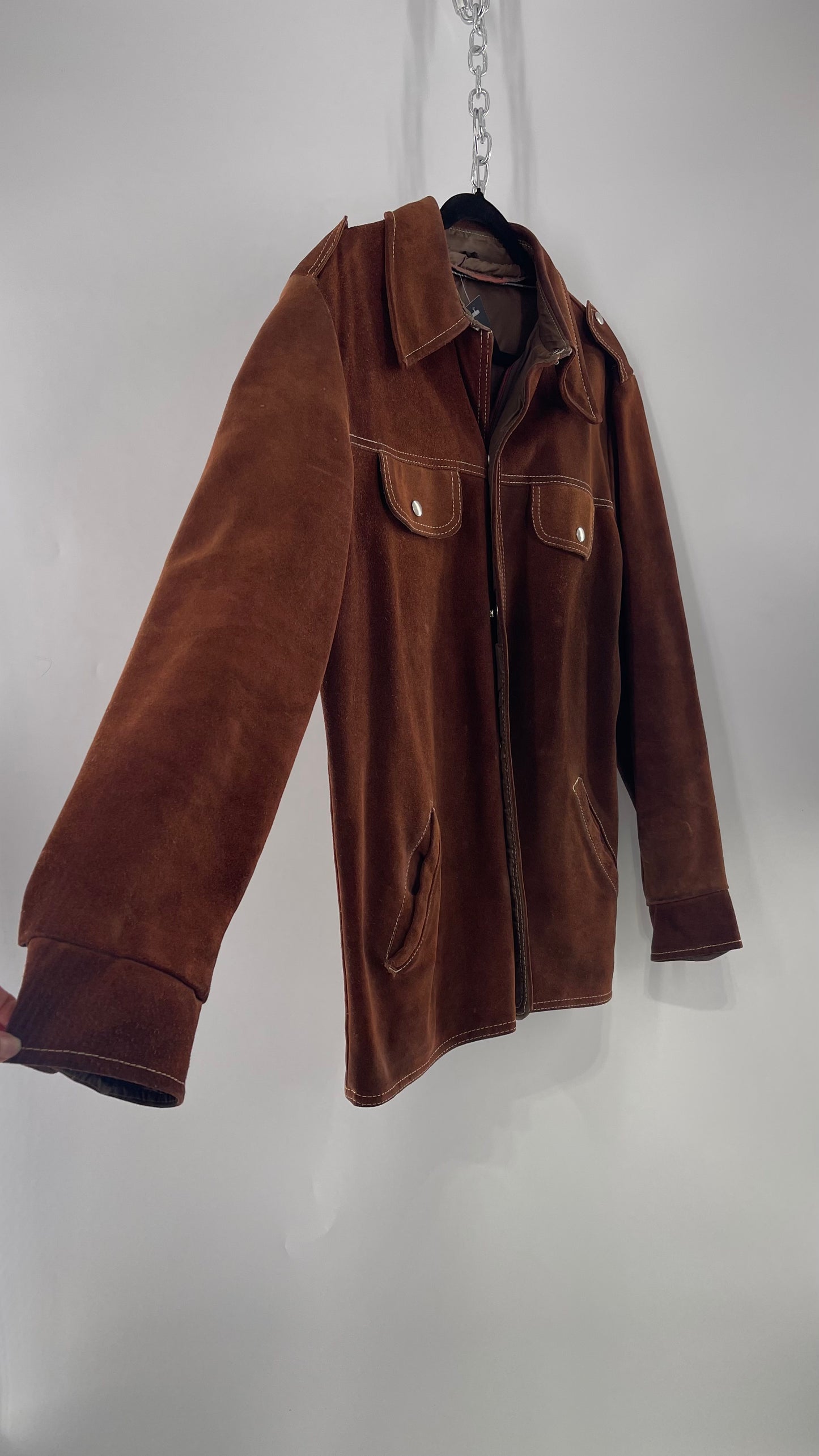 Vintage Brown Suede Jacket with Contrast White Stitching (C)(Large)