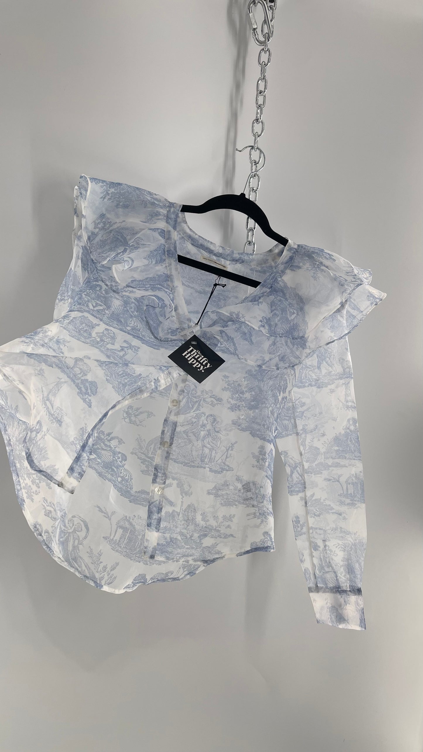 Laura Ashley Urban Outfitters Voile Sheer Ruffled Shoulder Button Up with Blue Vintage Print (XS)