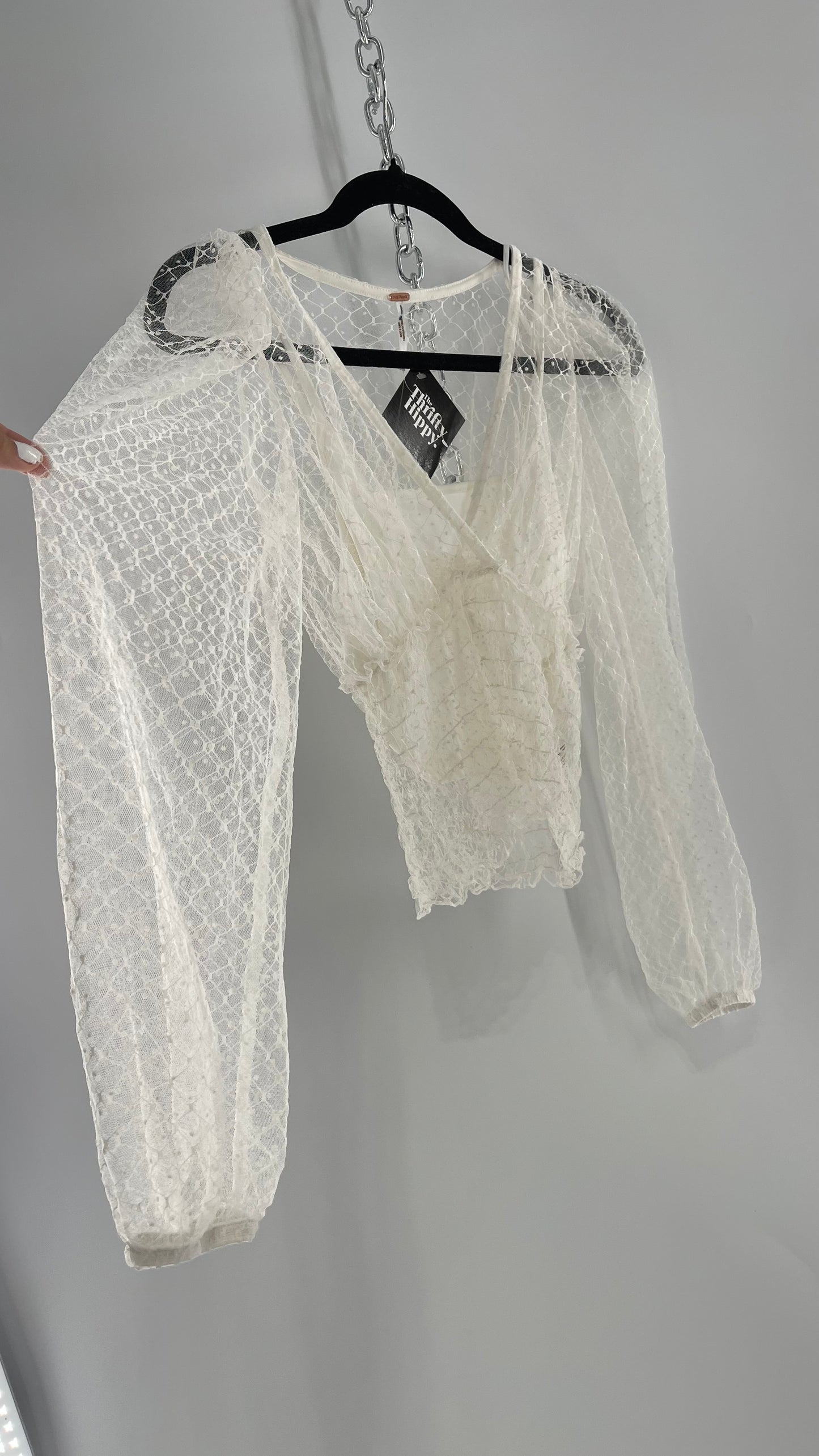 Free People White Embroidered Mesh Blouse with Keyhole Back and Balloon Sleeves (XS)