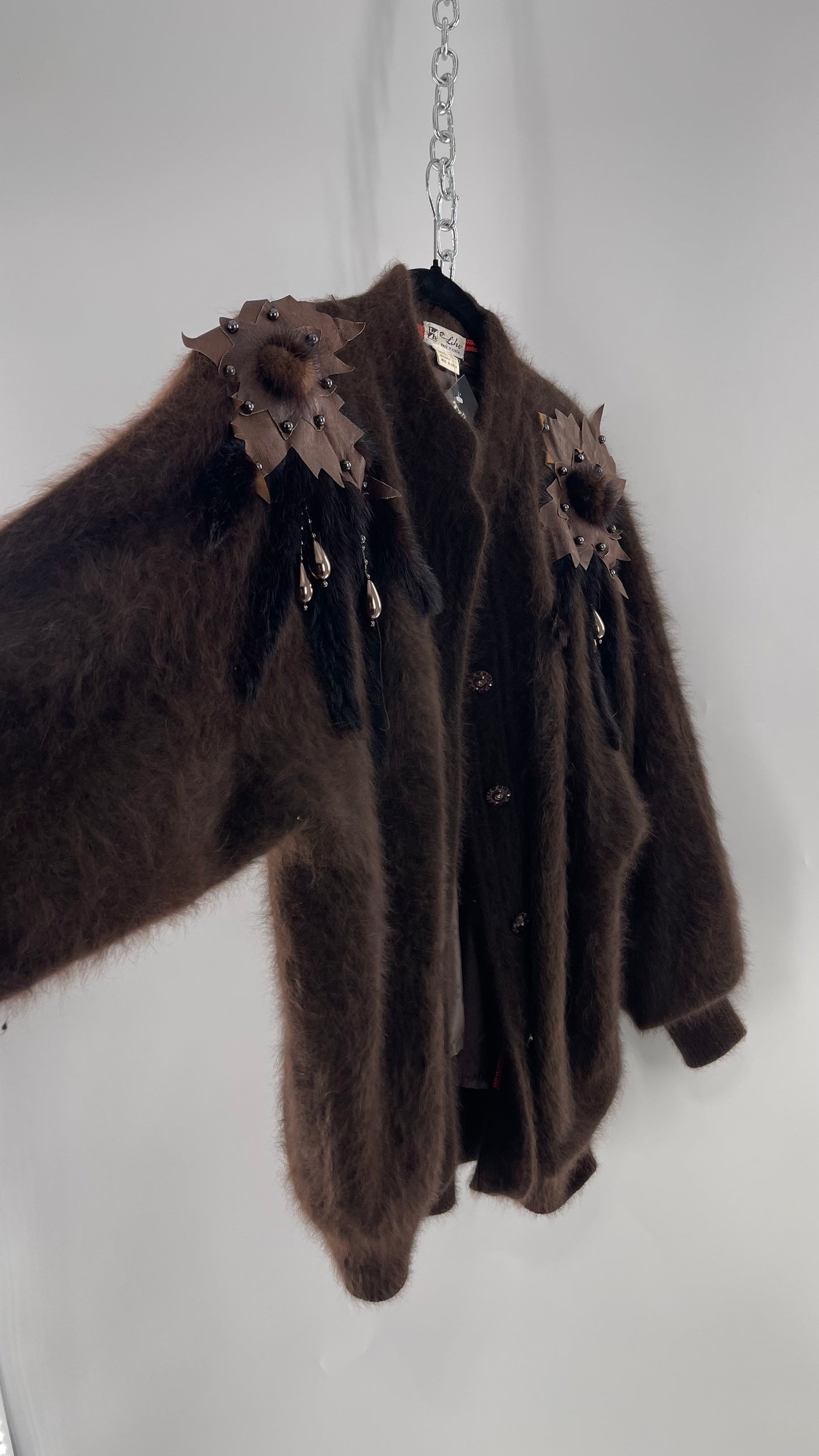 Liho Korean Vintage Brown Cardigan with Leather, Fur and Beaded Detailing 15% Wool 75% Angora  (C)(Medium)