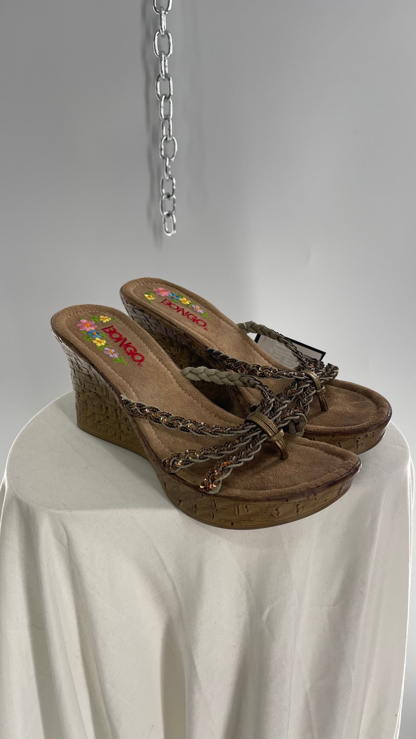 Vintage 2000s Bongo Cork Skinny Wedge Heel with Sequin Braid Straps(8)