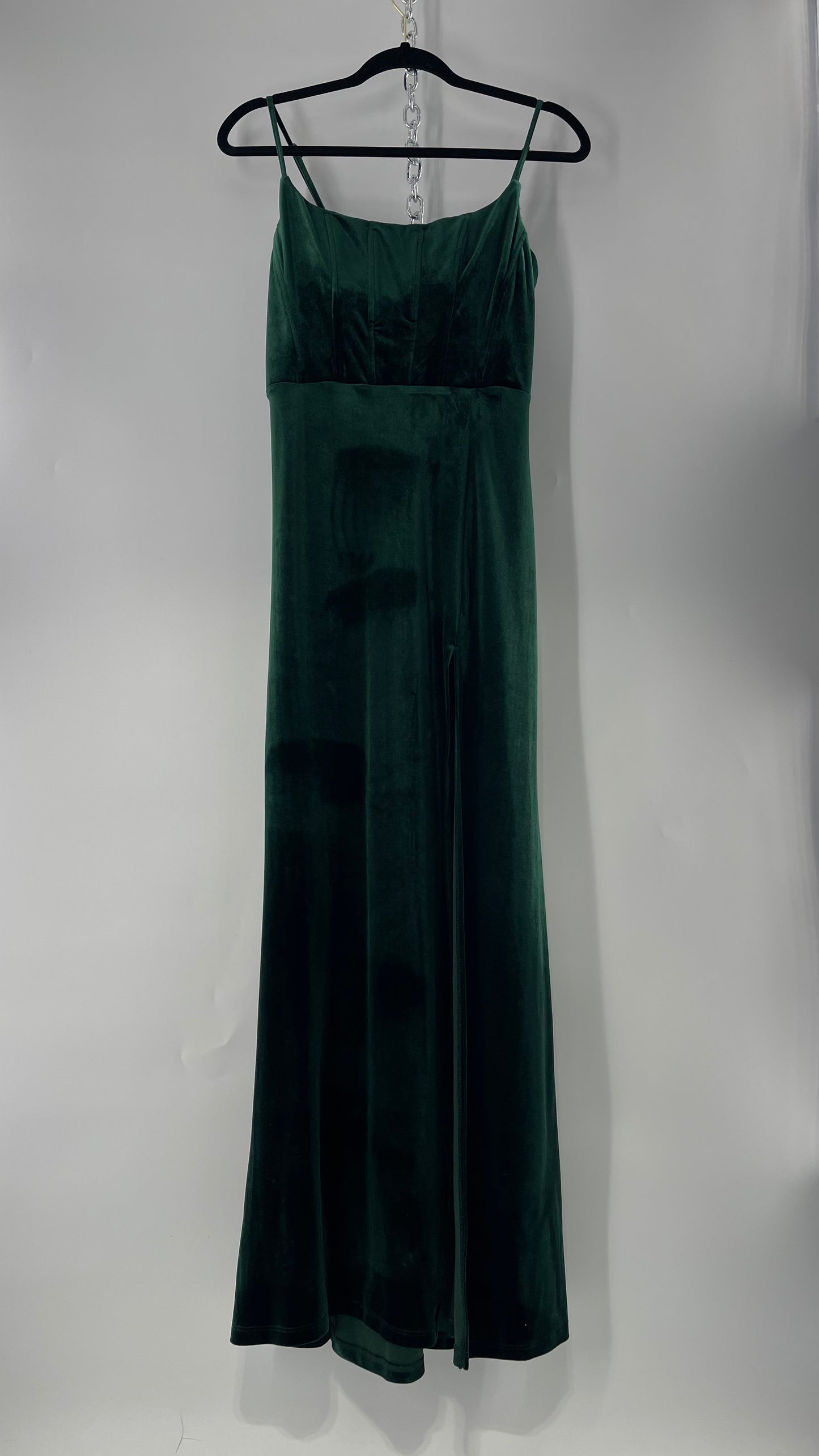 Windsor Forest Green Velvet Maxi Dress with Corseted Bust and Side Slit (11/12)