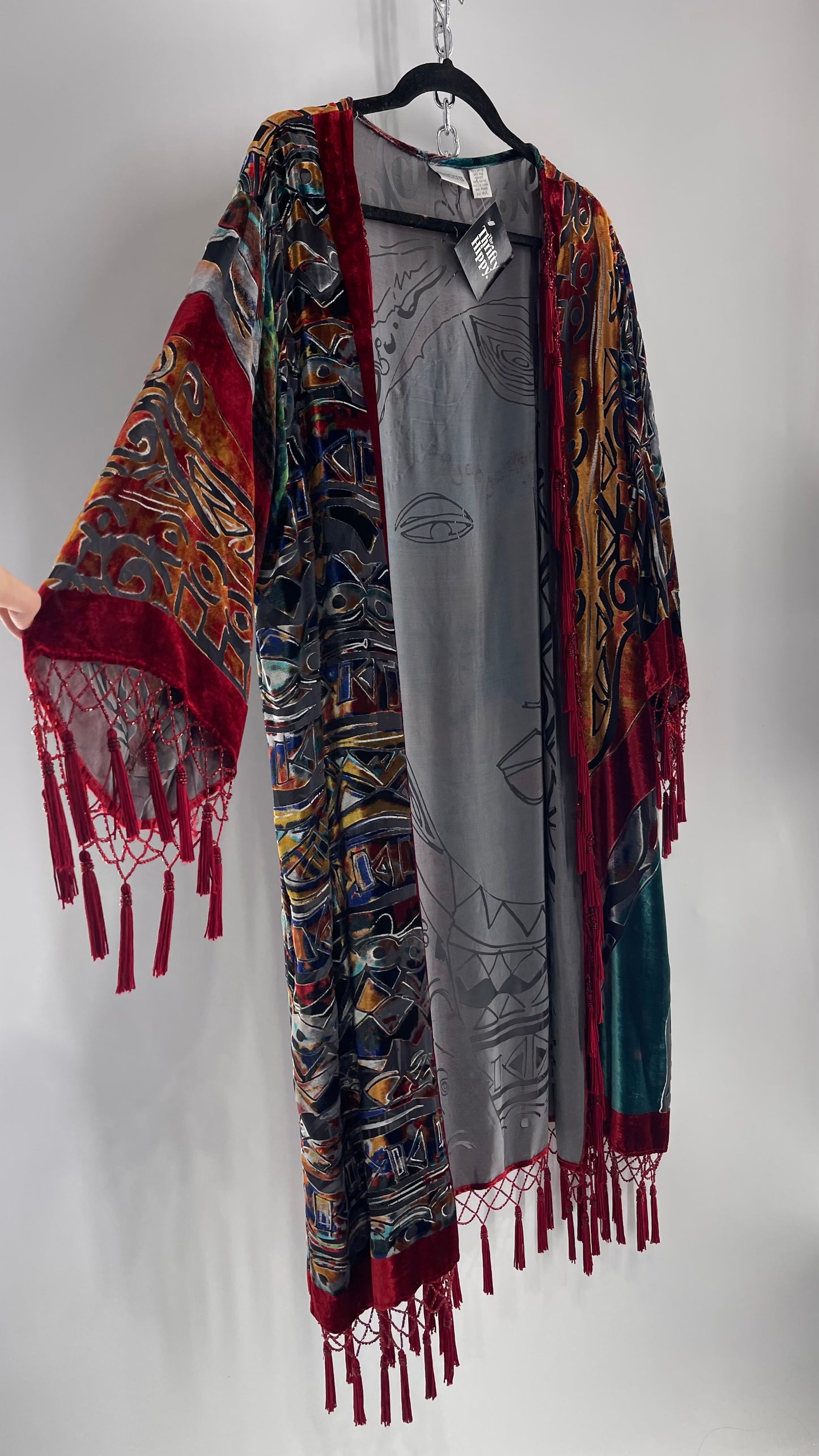 Vintage Burnout Buddhist Motif Velvet/Velour Beaded Fringe Duster Coat/Kimono with Tassel Sleeves and Hems (M/L)