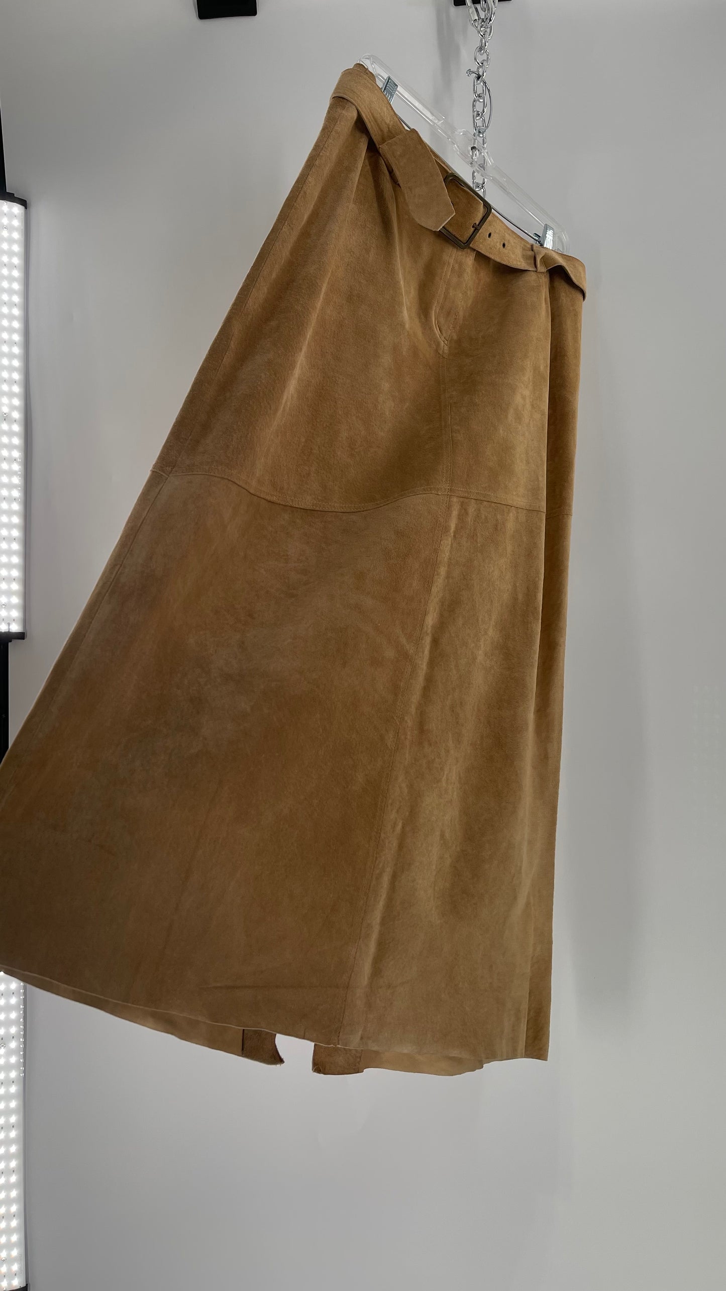 Vintage Margaret Godfrey Tan Suede Low Rise Full Length Skirt with Grommet Belt (14)