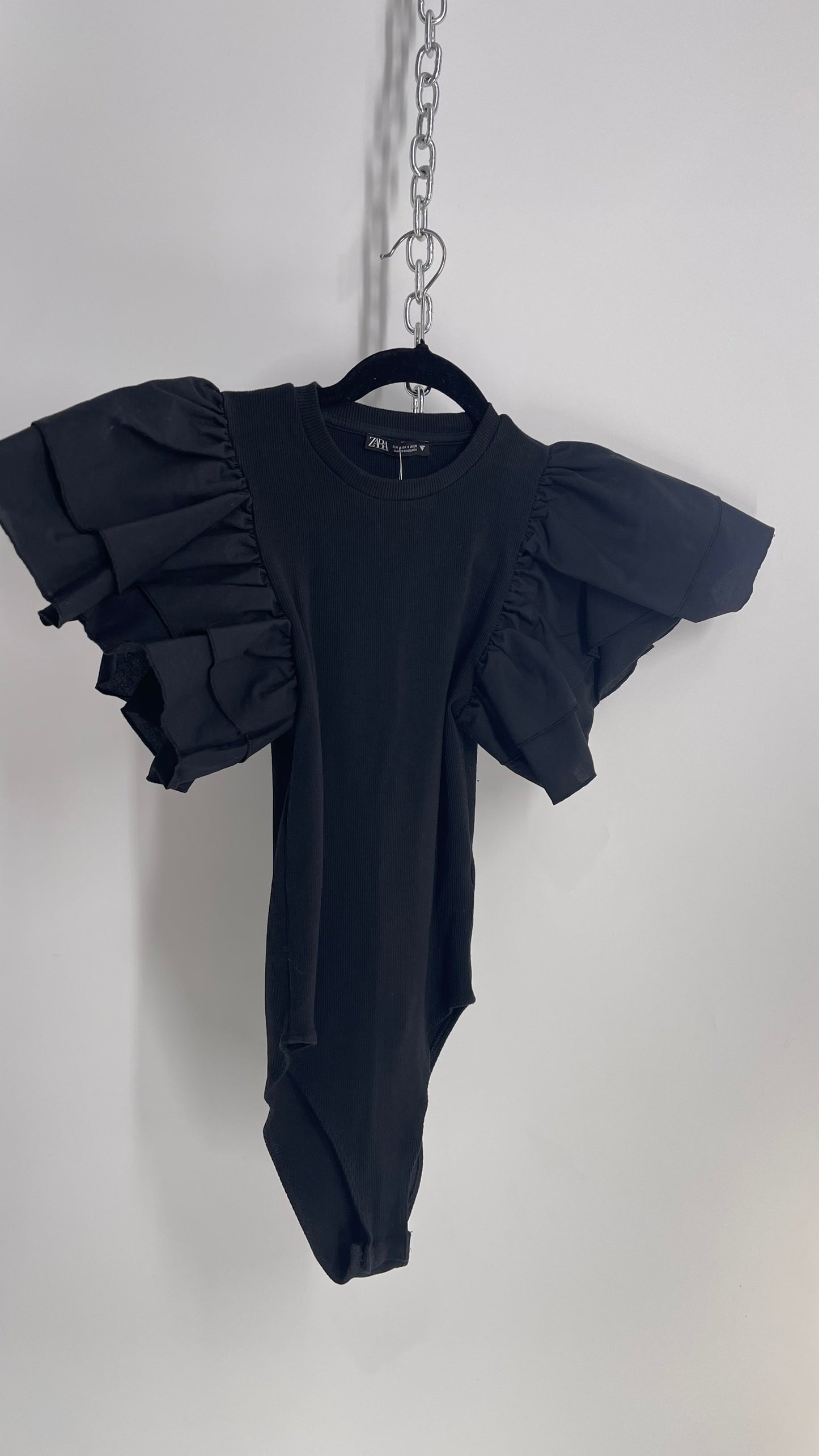 ZARA Black Bodysuit with Ruffled Sleeve Detail (Small)