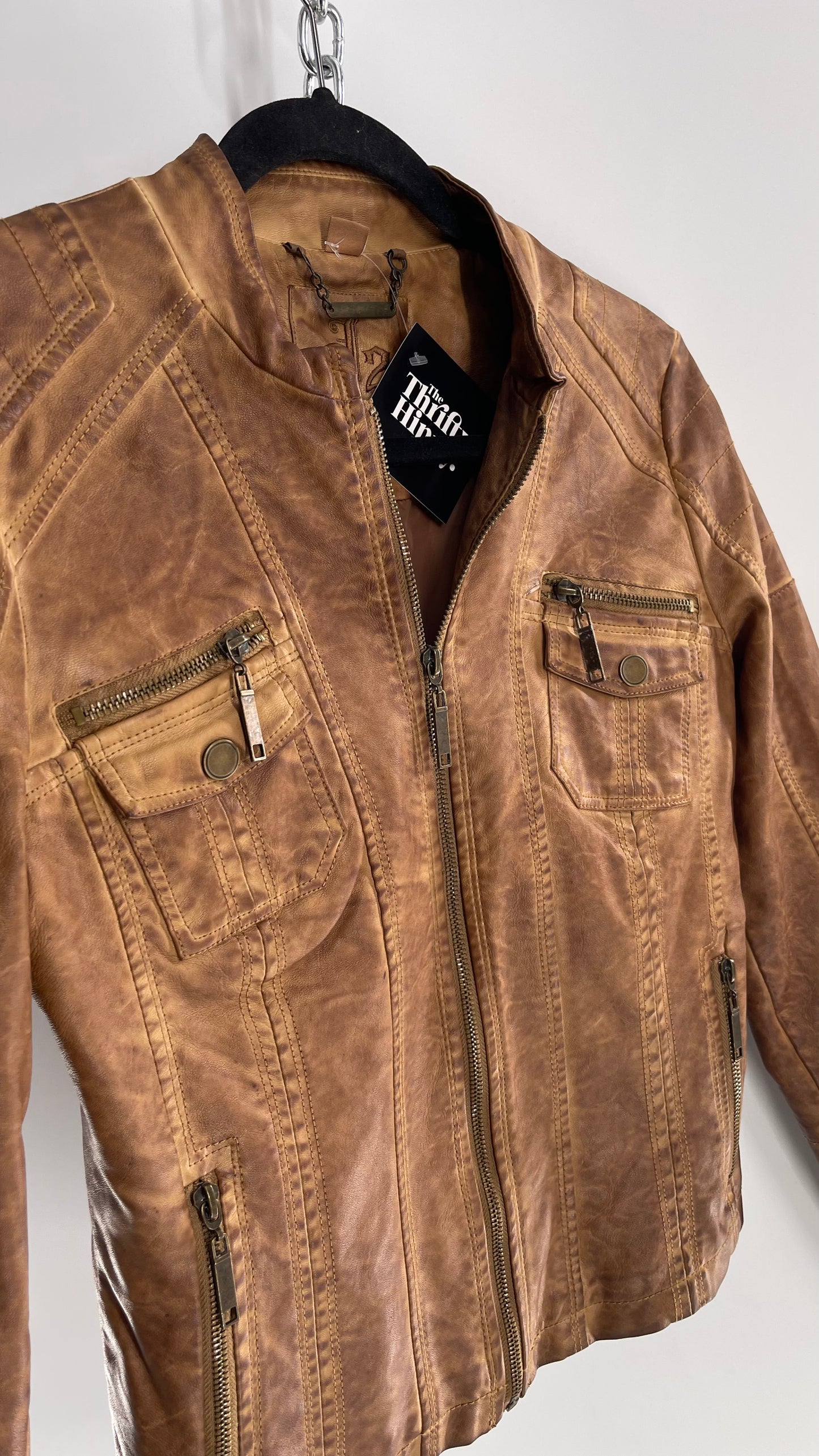 Vintage Brown Vegan Leather Distressed Motorcycle Jacket (Small)