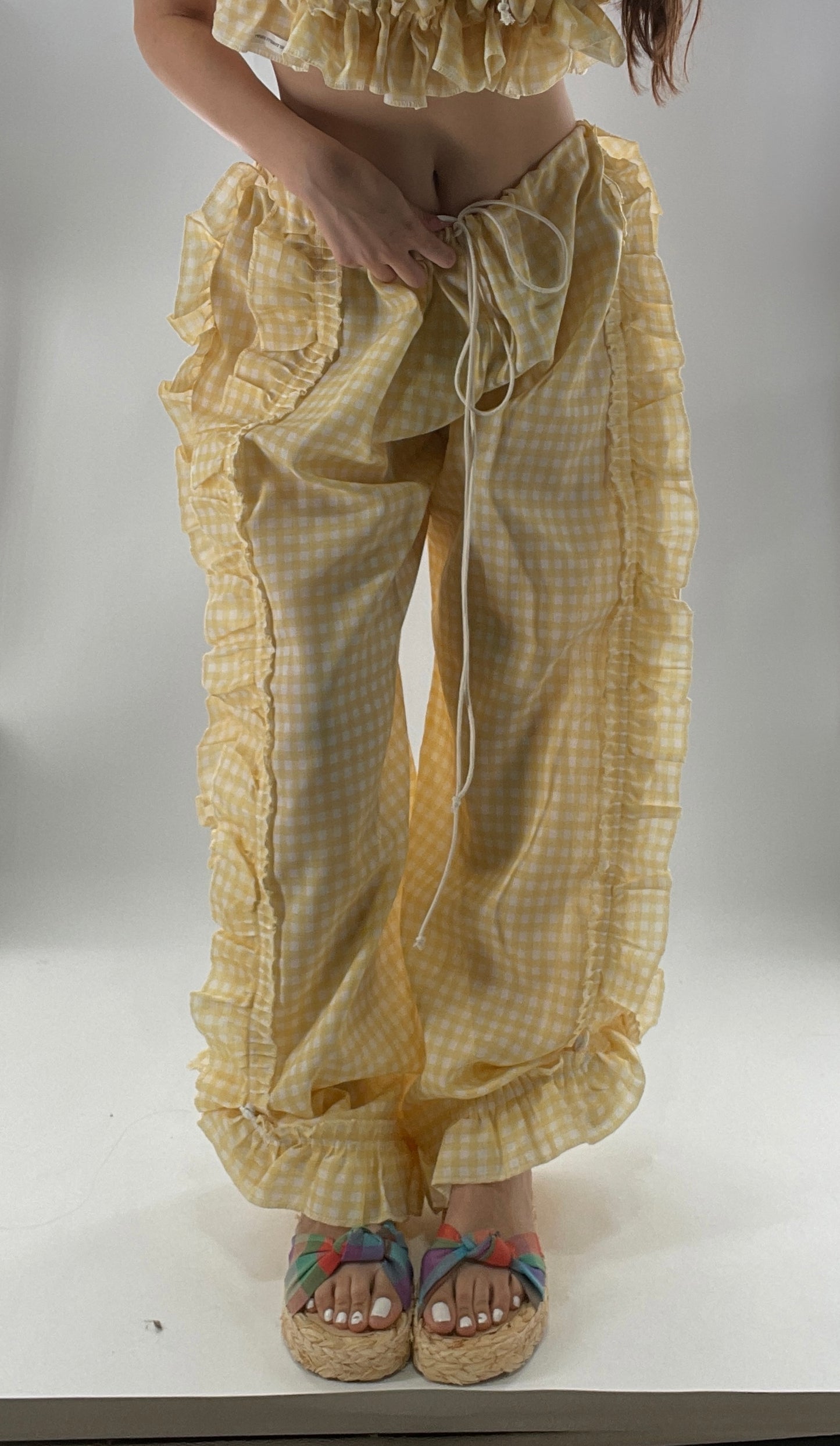 Vintage 2 Piece Yellow Checkered/Gingham Patterned Picnic Set with Ruched Bust Top and Ruffle Side Wide Legs with Adjustable Length, Strap Up Buttons on Hem (One Size)