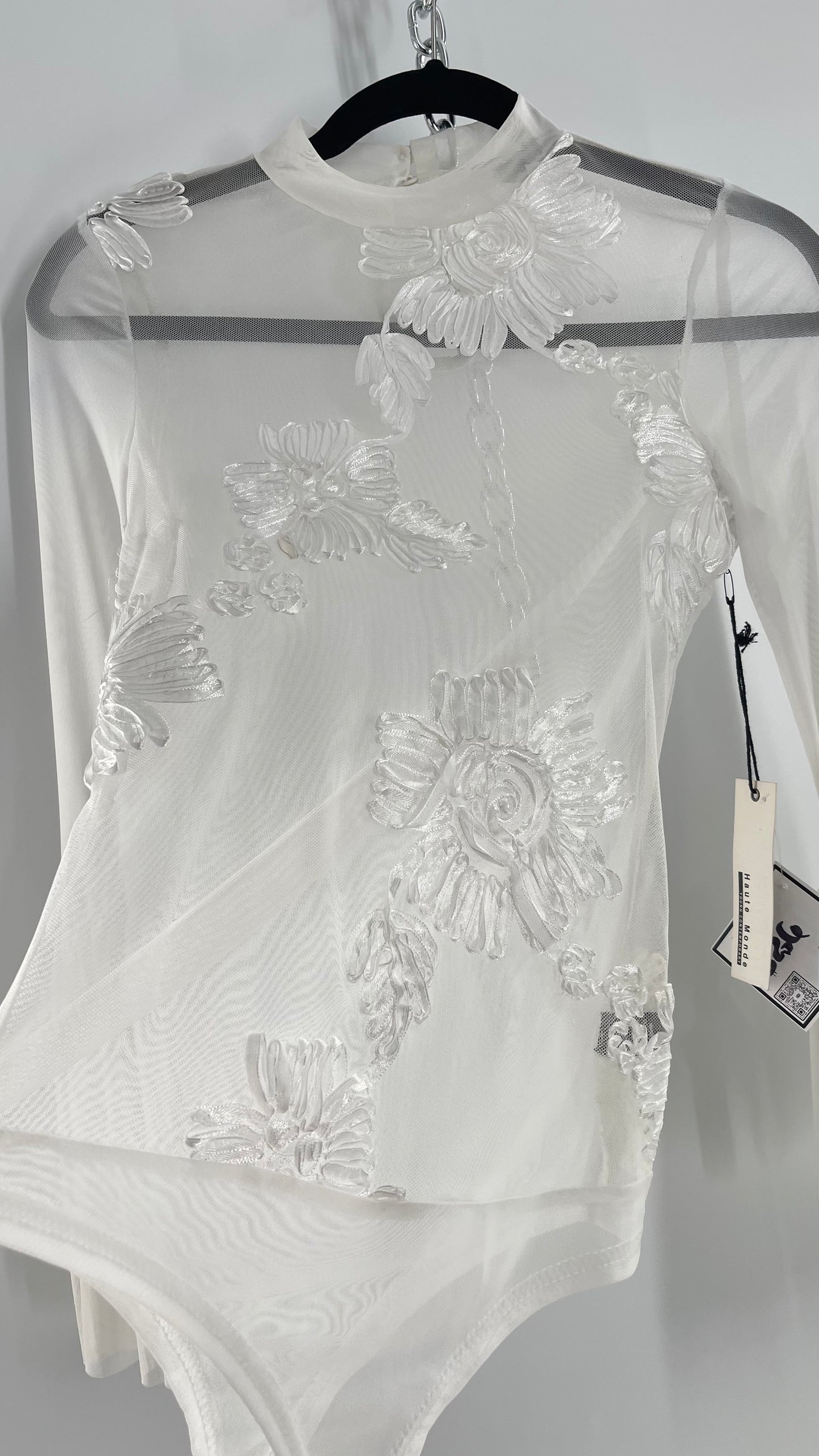 Haute Monde White Mesh Bodysuit with Ribbon Embroidery, Bell Sleeves and Tags (Small)