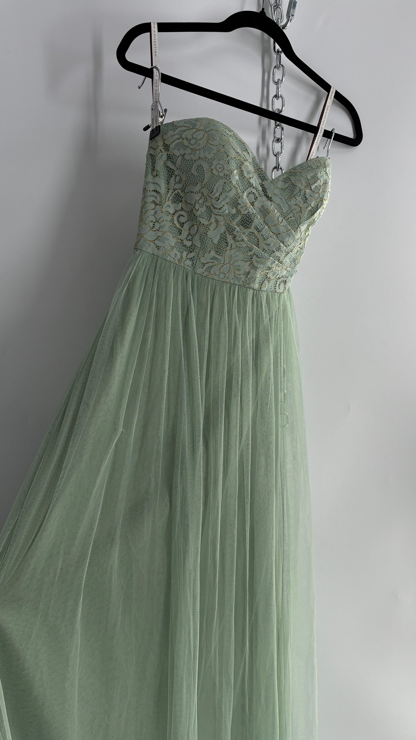Jenny Yoo Seafoam Green Tulle Full Length Dress with Lace Corset Bodice (8)
