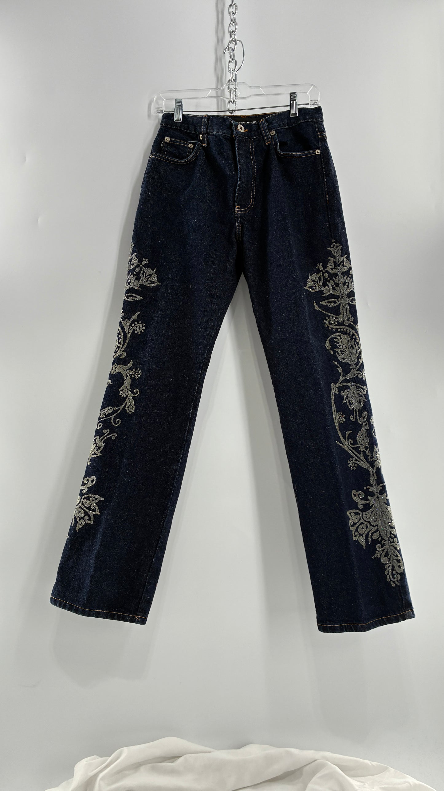 Vintage EXPRESS JEANS Dark Wash with Iridescent, Embellished, Textured Design Running Down Pant Leg (3/4)