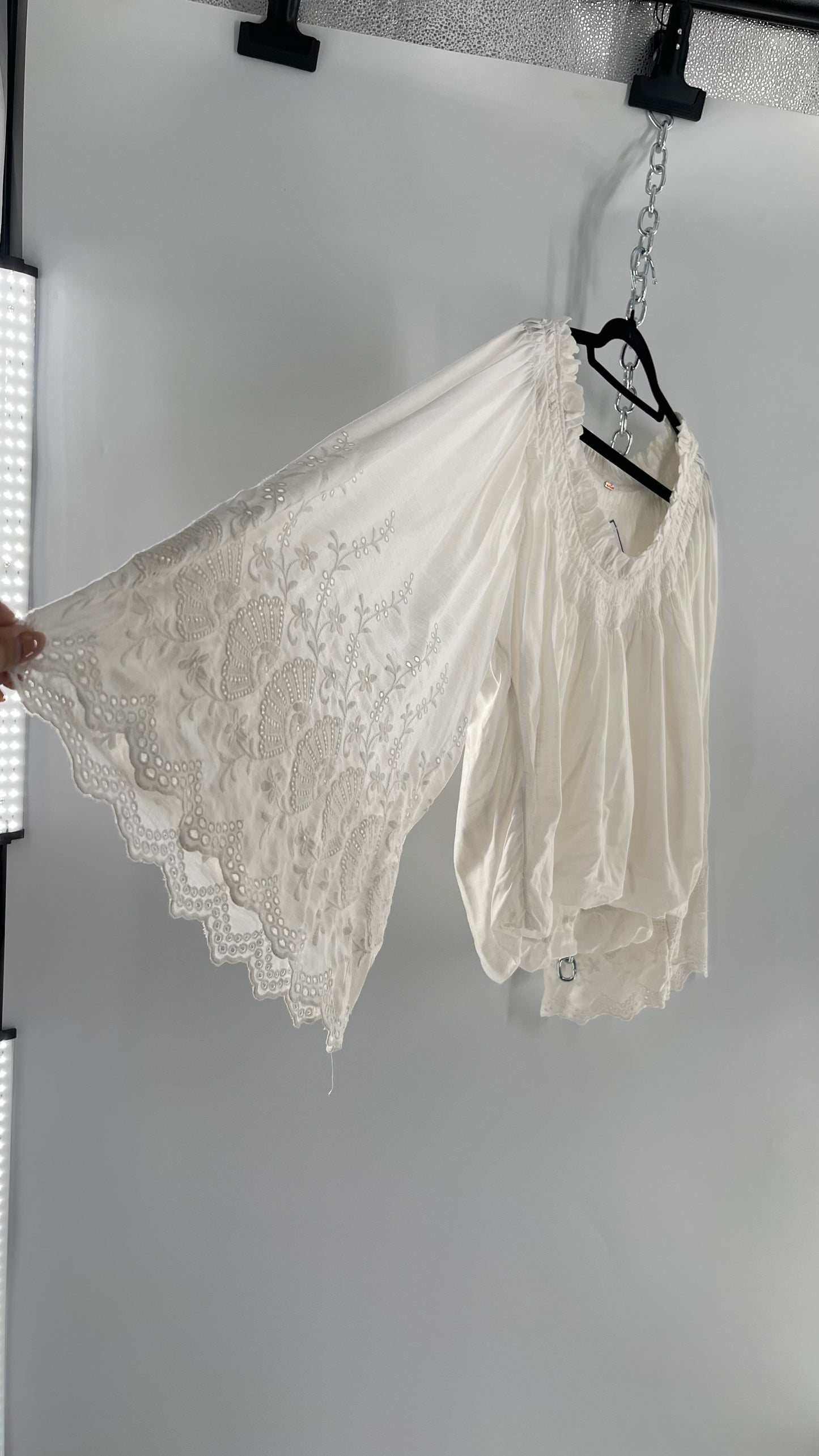 Free People White Bubble Hem Blouse with Linen Embroidered Bell Sleeves (Medium)