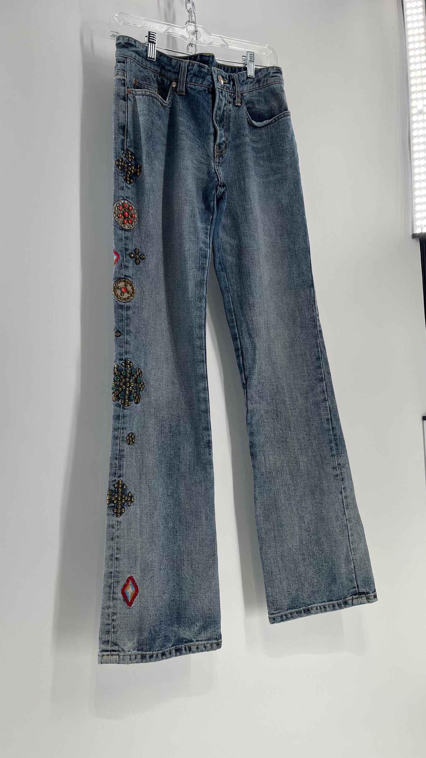 Western Denim Bank Light Wash Straight Legs with Gold/Bronze Metal Studs and Jewels (29)