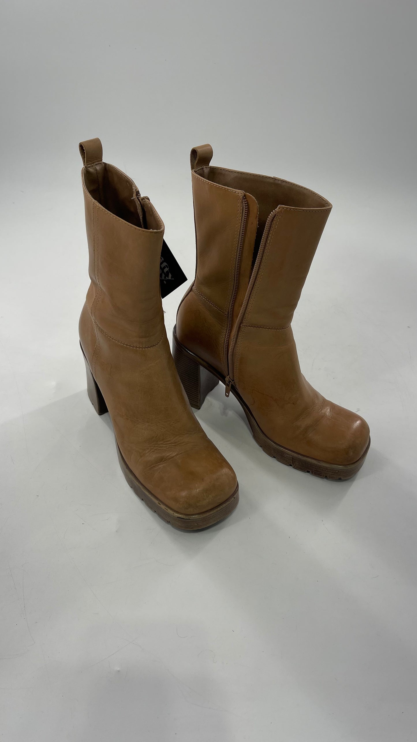 Vintage 90s Steve Madden Tan Leather Funky Square Toe Boot with Platform and Chunky Heel