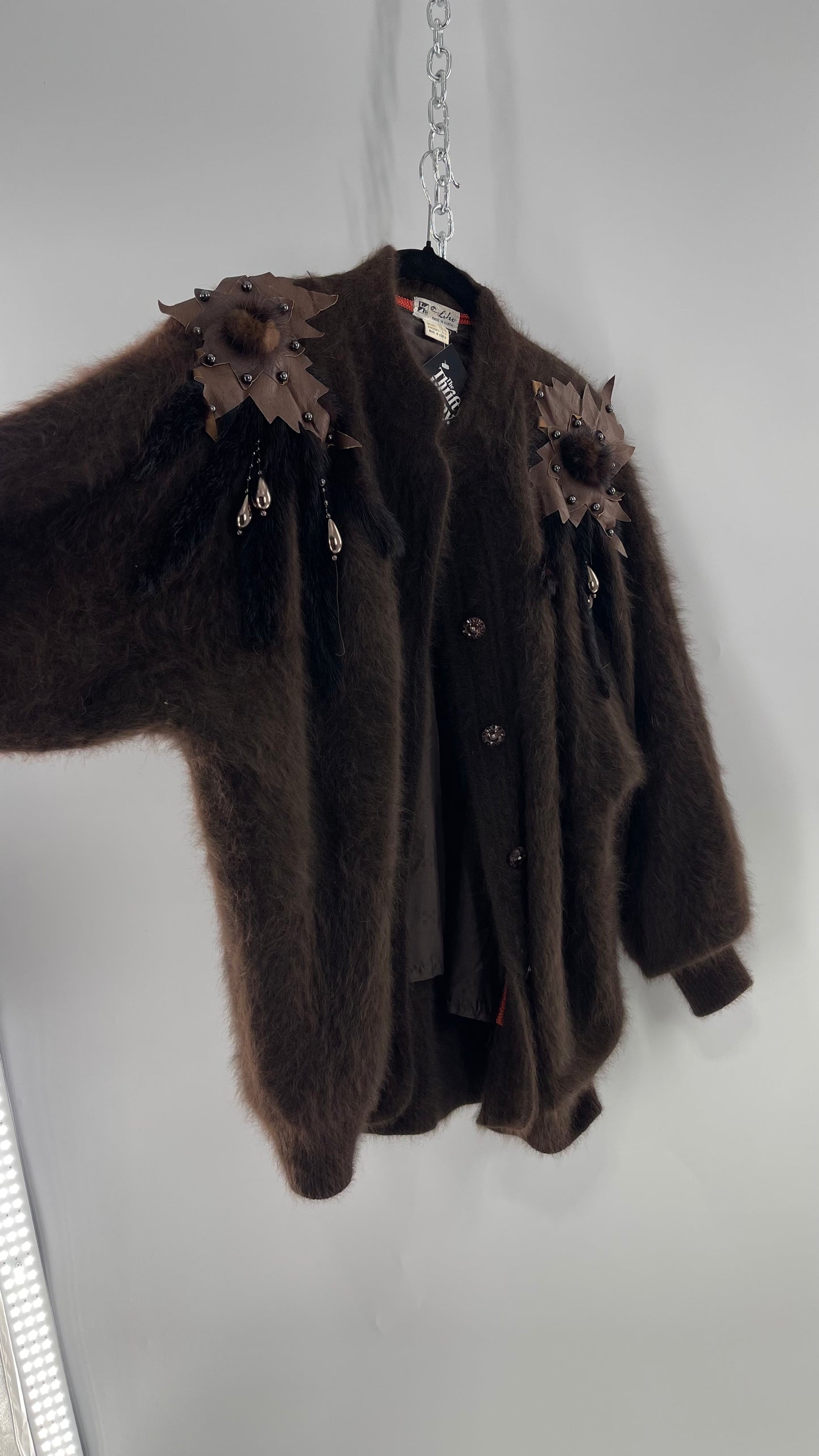 Liho Korean Vintage Brown Cardigan with Leather, Fur and Beaded Detailing 15% Wool 75% Angora  (C)(Medium)